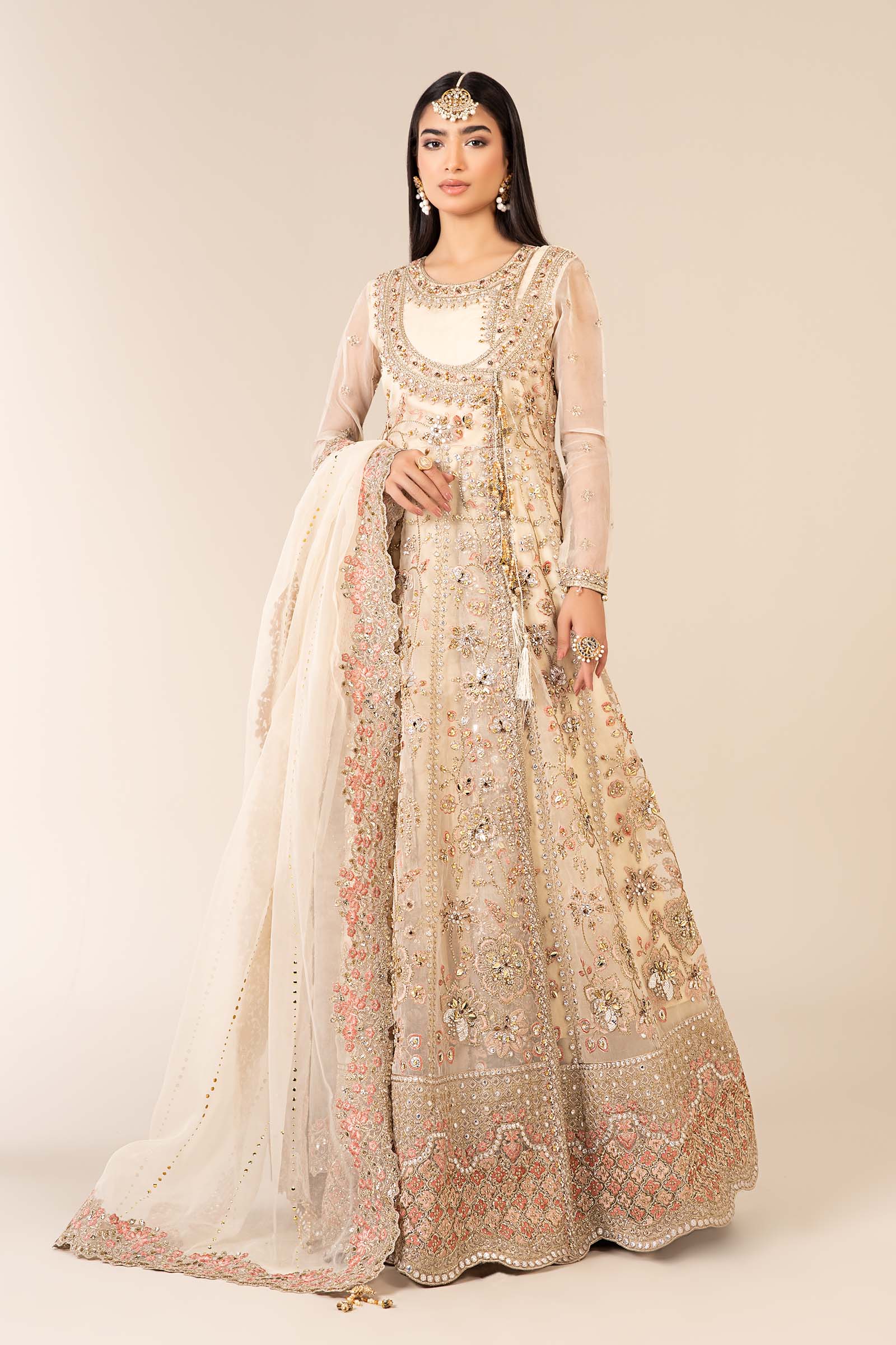 Off-White Hand-Embellished Organza Angrakha Lehenga (3-Piece) - Image 1