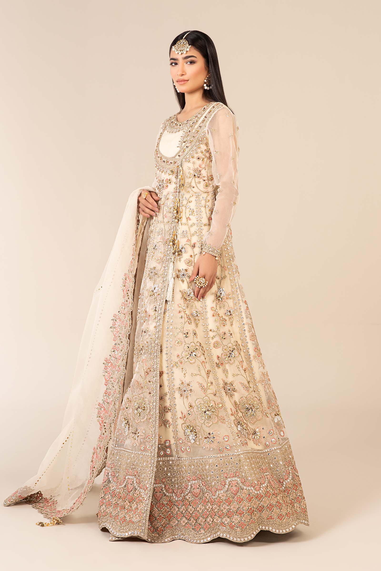 Off-White Hand-Embellished Organza Angrakha Lehenga (3-Piece) - Image 3