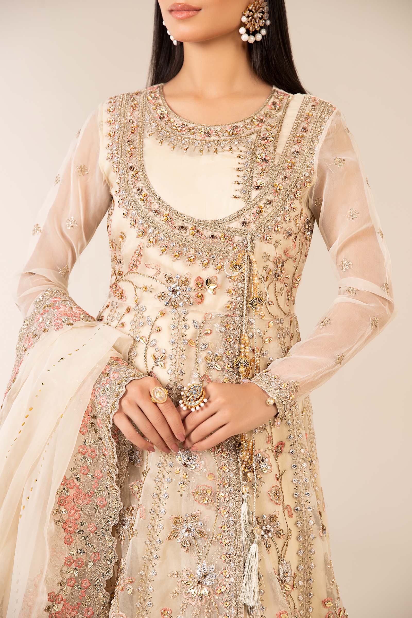 Off-White Hand-Embellished Organza Angrakha Lehenga (3-Piece) - Image 7