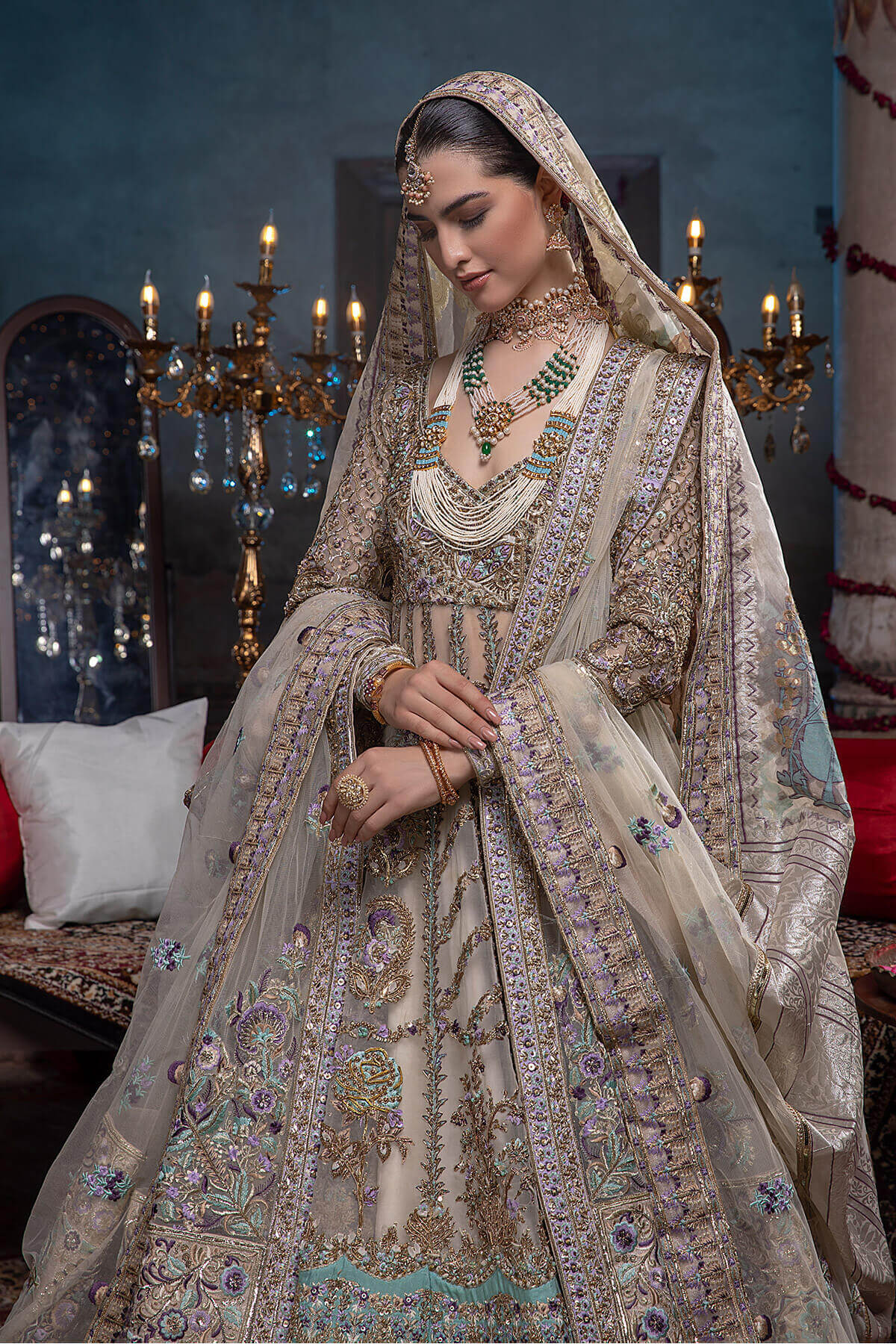 Ivory Embroidered Organza Silk Bridal Lehenga (4-Piece) - Image 2