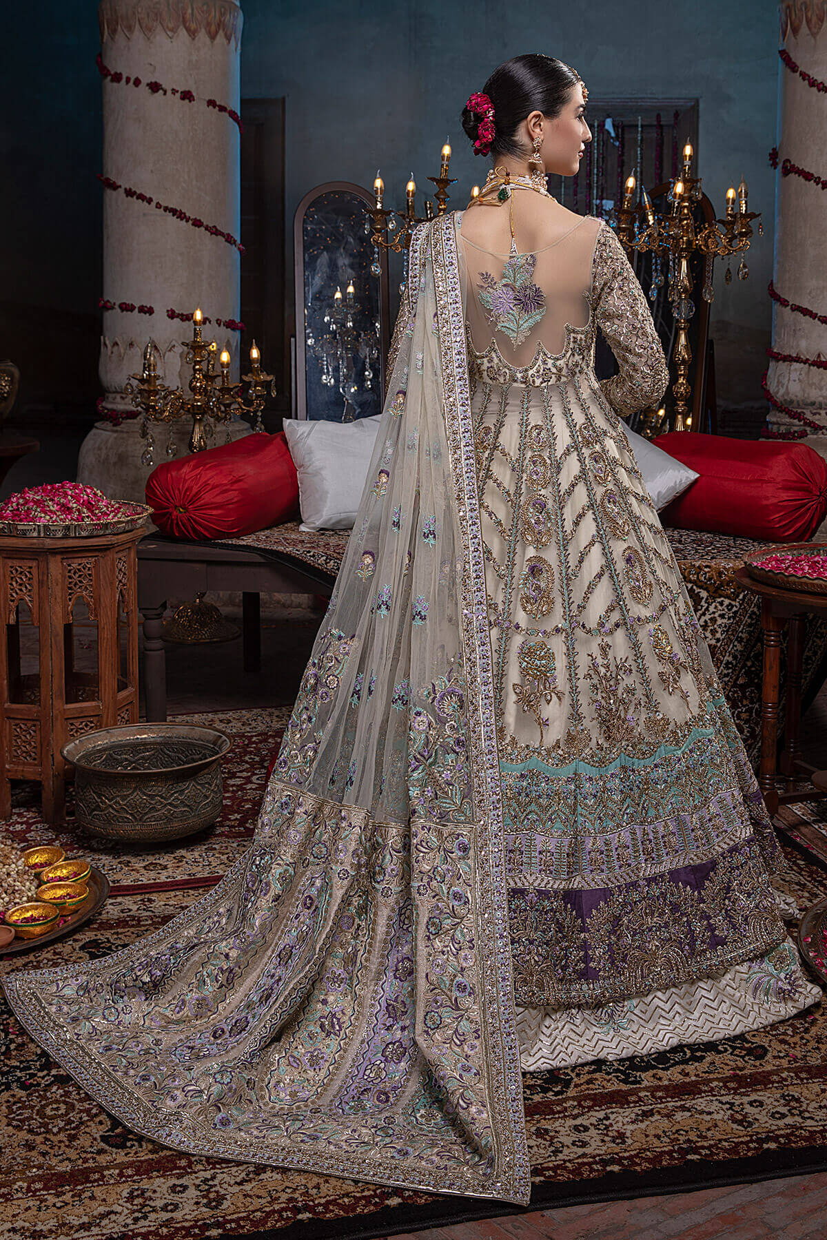 Ivory Embroidered Organza Silk Bridal Lehenga (4-Piece) - Image 4