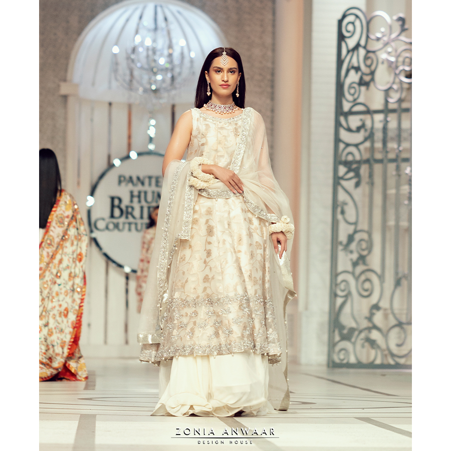 Ivory Embroidered Organza Jamawar Pishwas Lehenga (3-Piece) - Image 1
