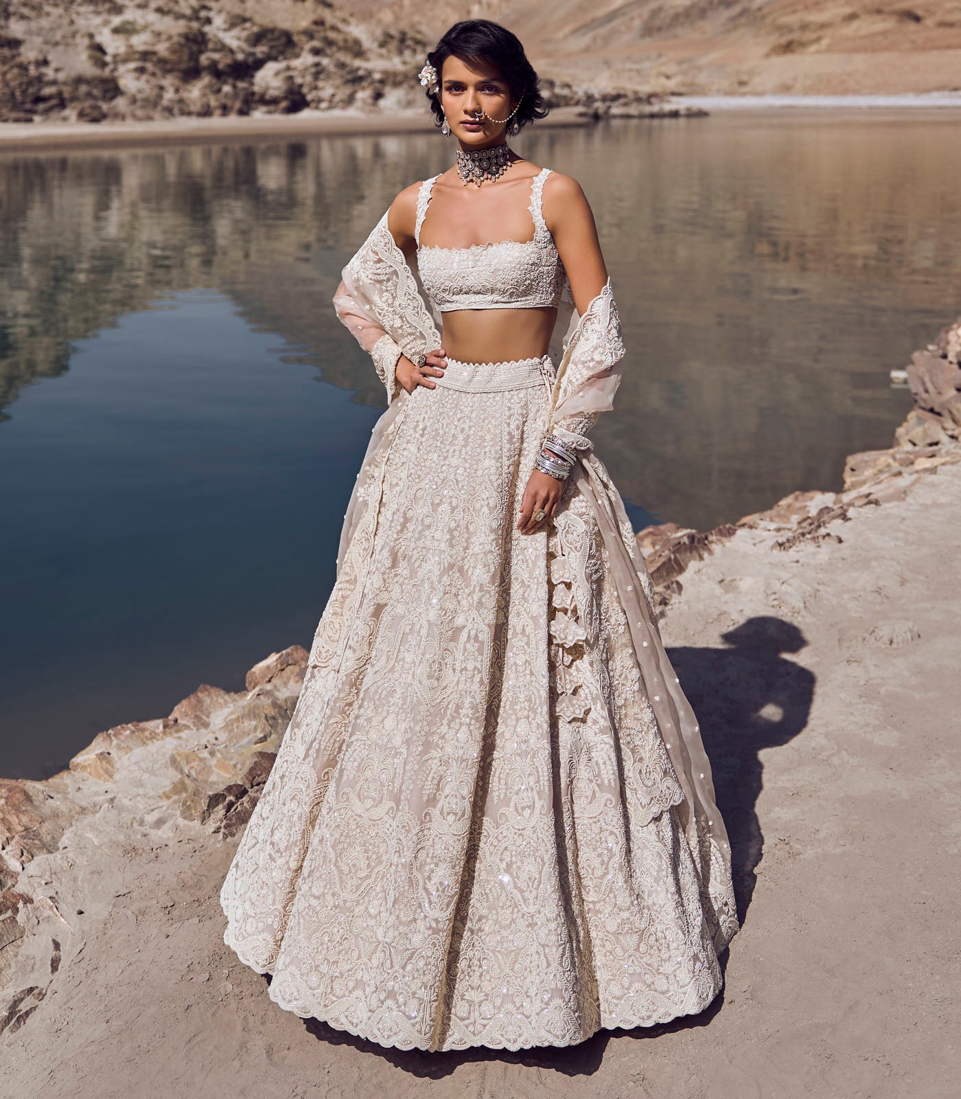 Ivory Embroidered Organza Lehenga Set (3-Piece) - Image 1