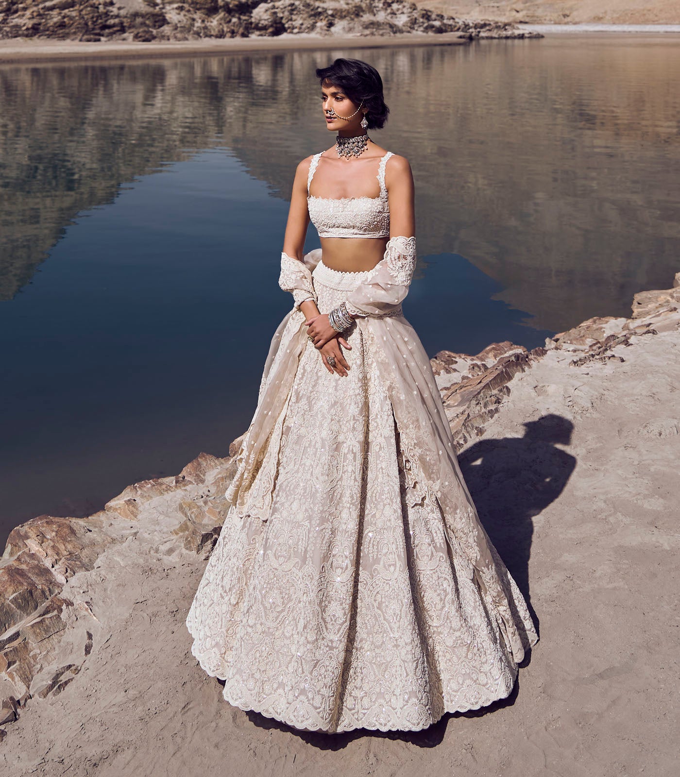 Ivory Embroidered Organza Lehenga Set (3-Piece) - Image 2