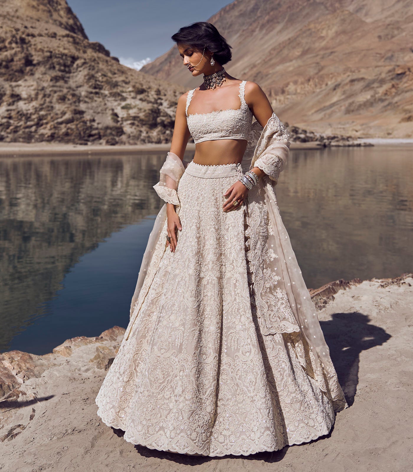 Ivory Embroidered Organza Lehenga Set (3-Piece) - Image 3