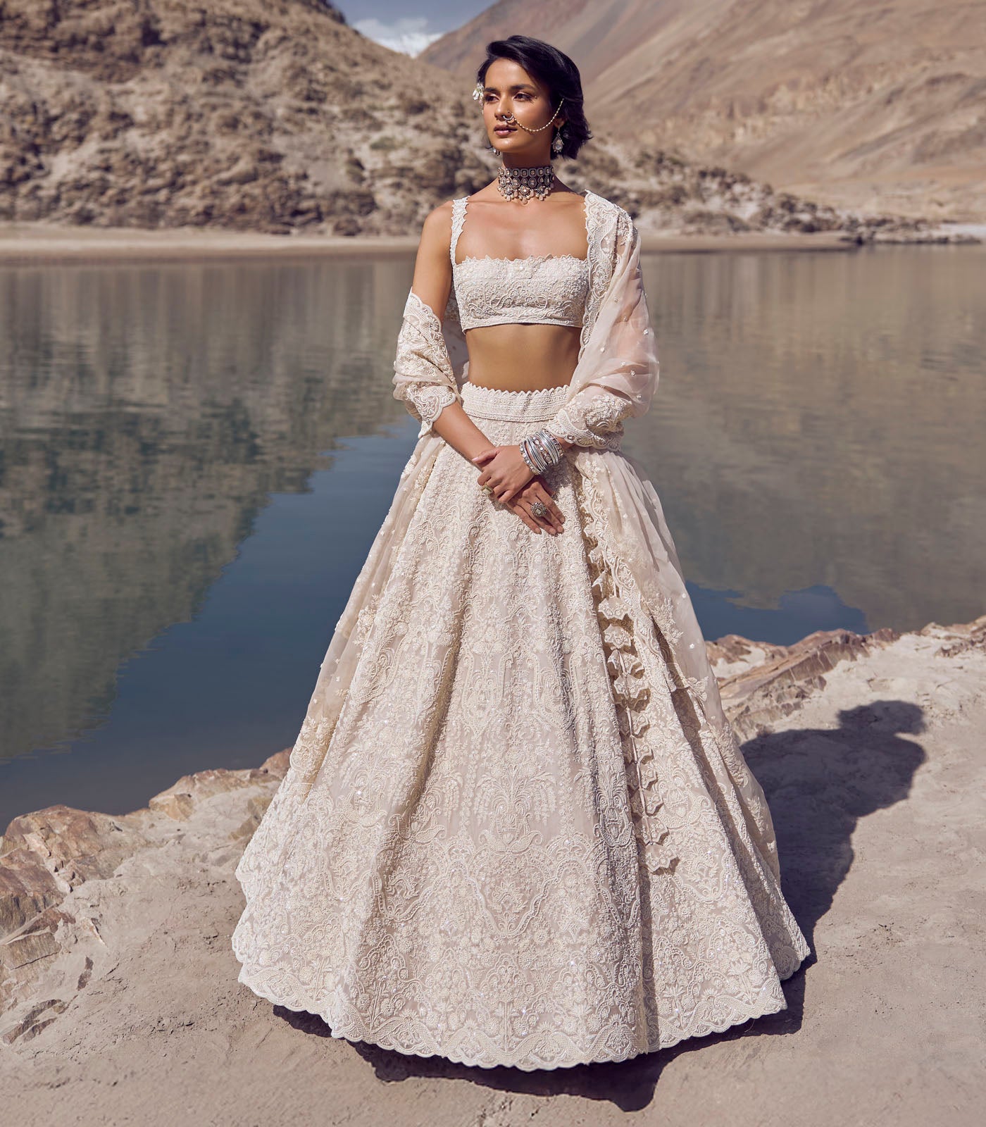 Ivory Embroidered Organza Lehenga Set (3-Piece) - Image 4