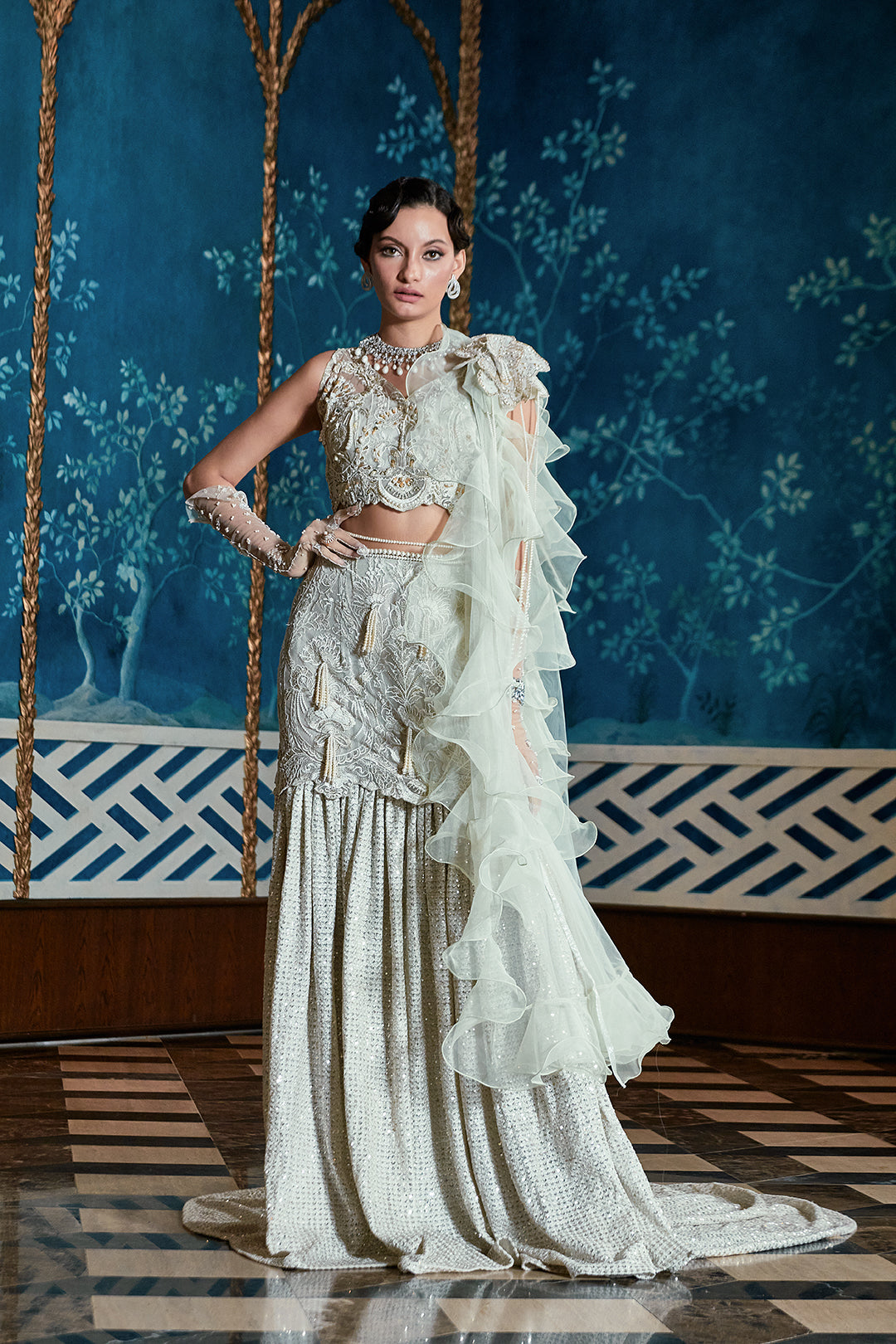 Ivory Embellished Lehenga with Ruffled Dupatta (3-Piece) - Image 1