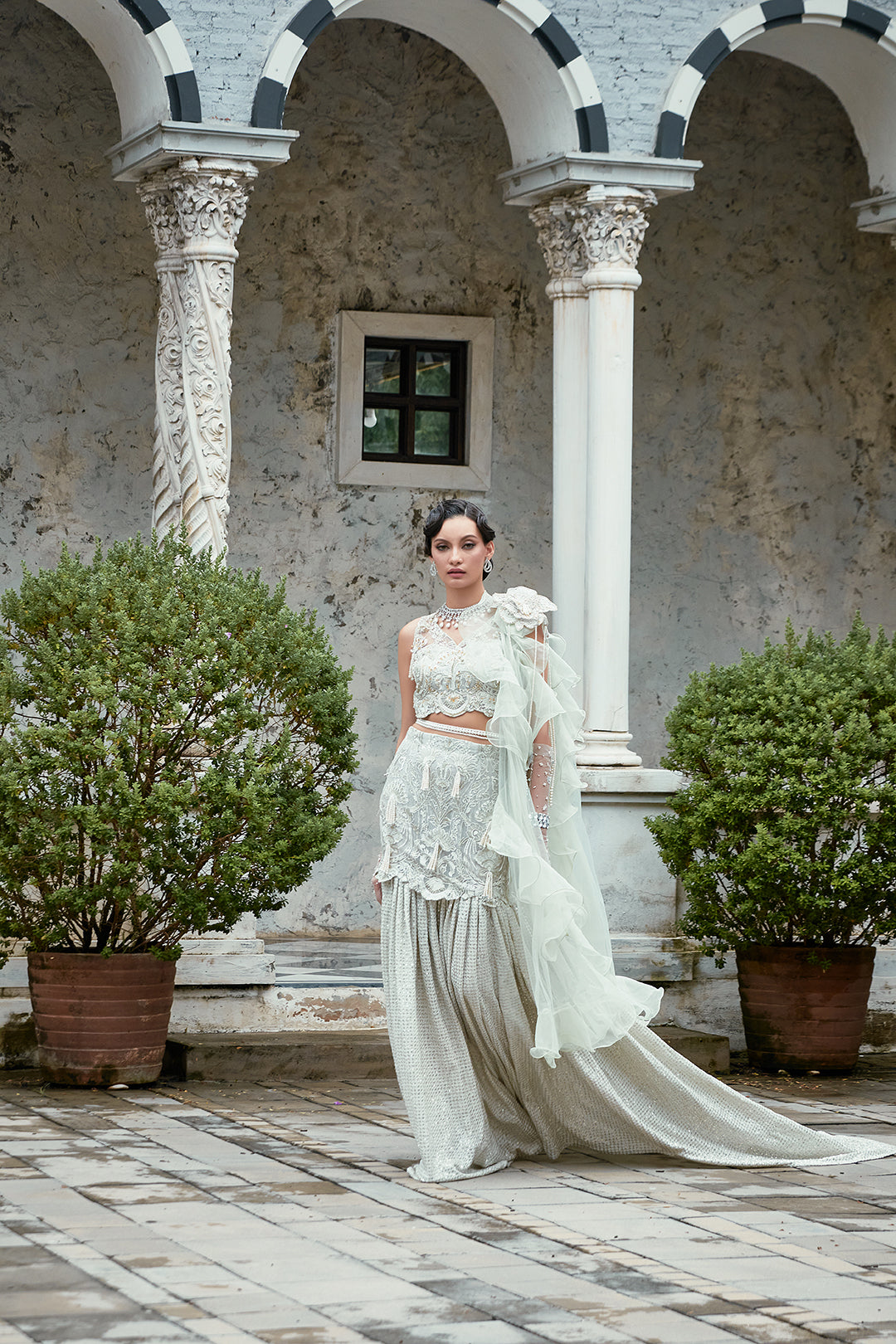 Ivory Embellished Lehenga with Ruffled Dupatta (3-Piece) - Image 2