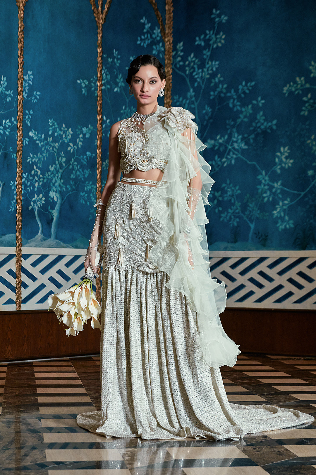 Ivory Embellished Lehenga with Ruffled Dupatta (3-Piece) - Image 3