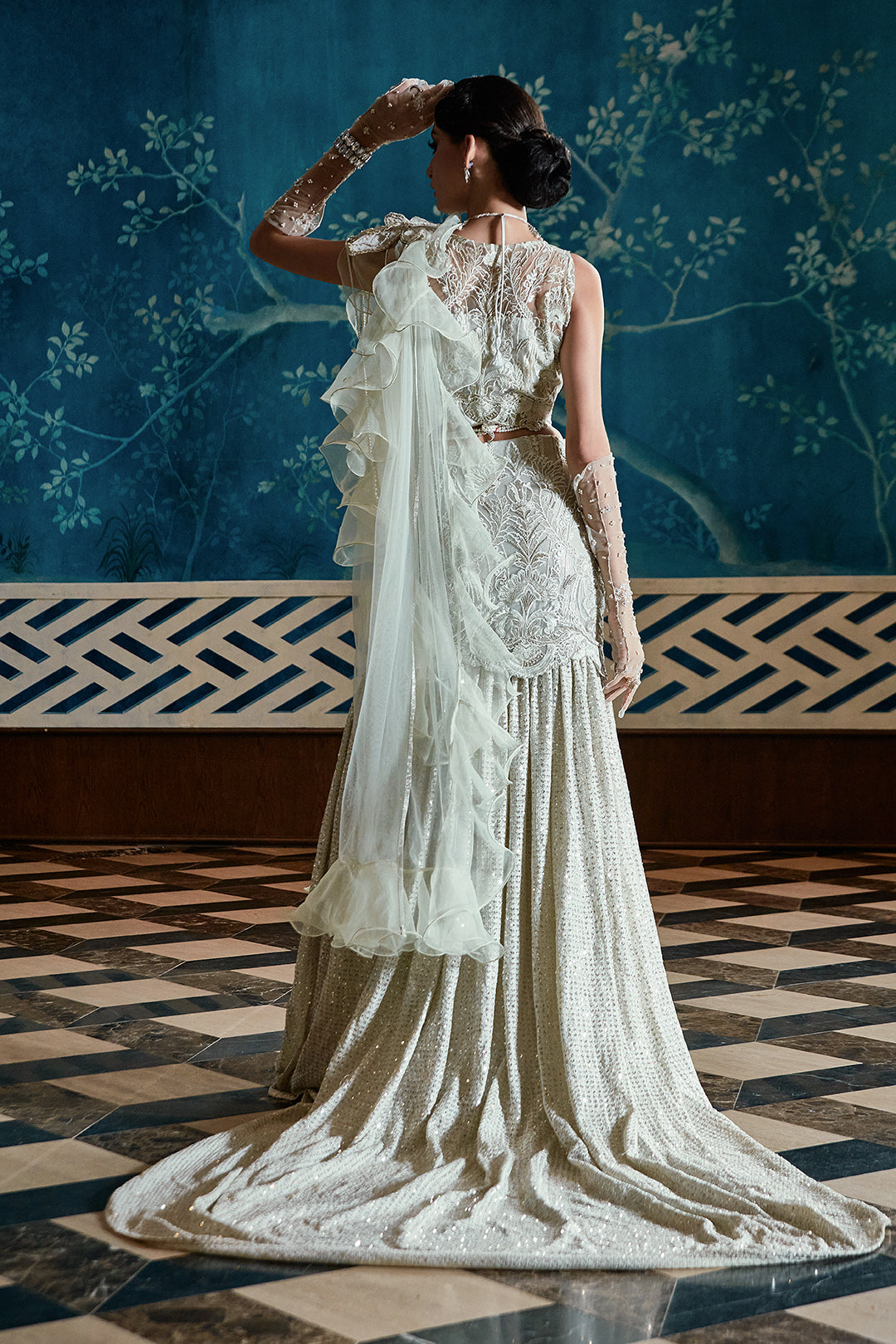 Ivory Embellished Lehenga with Ruffled Dupatta (3-Piece) - Image 4