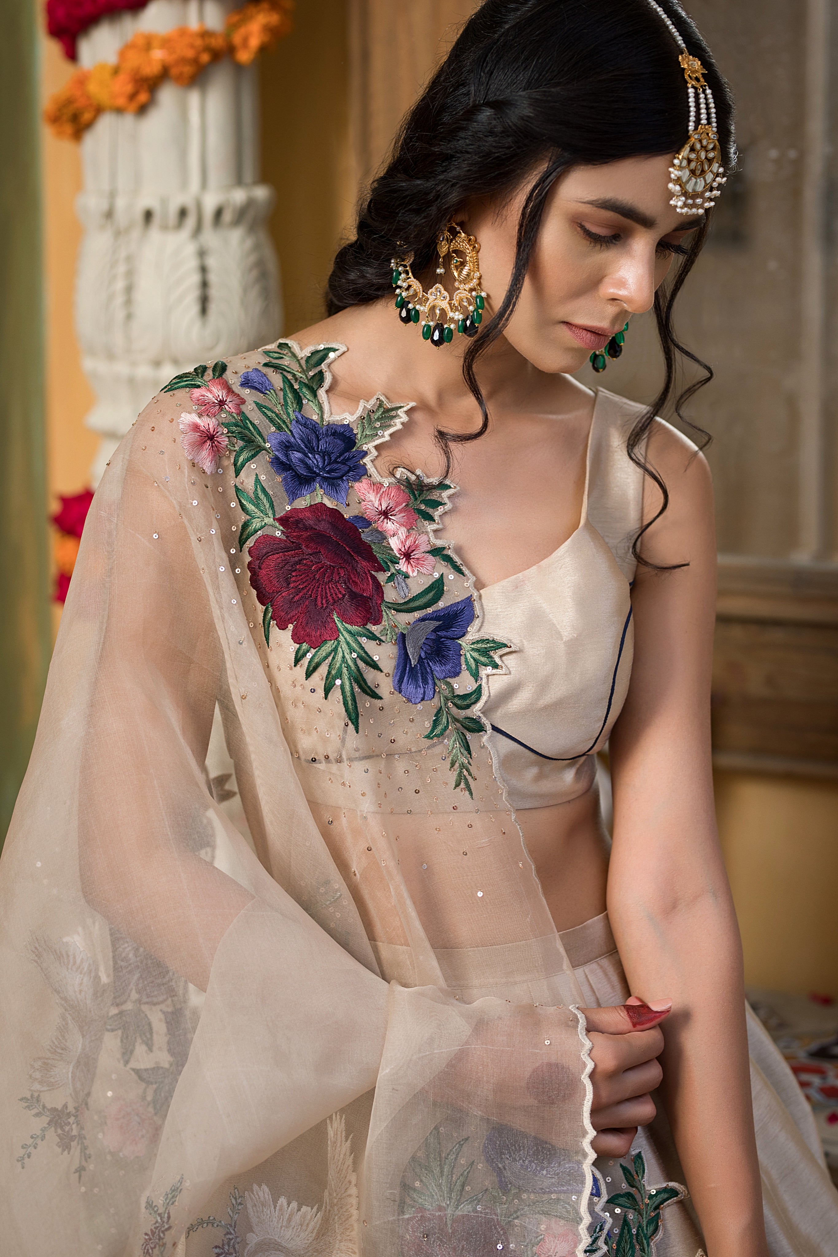 Ivory Floral Embroidered Organza Lehenga Set (3-Piece) - Image 1