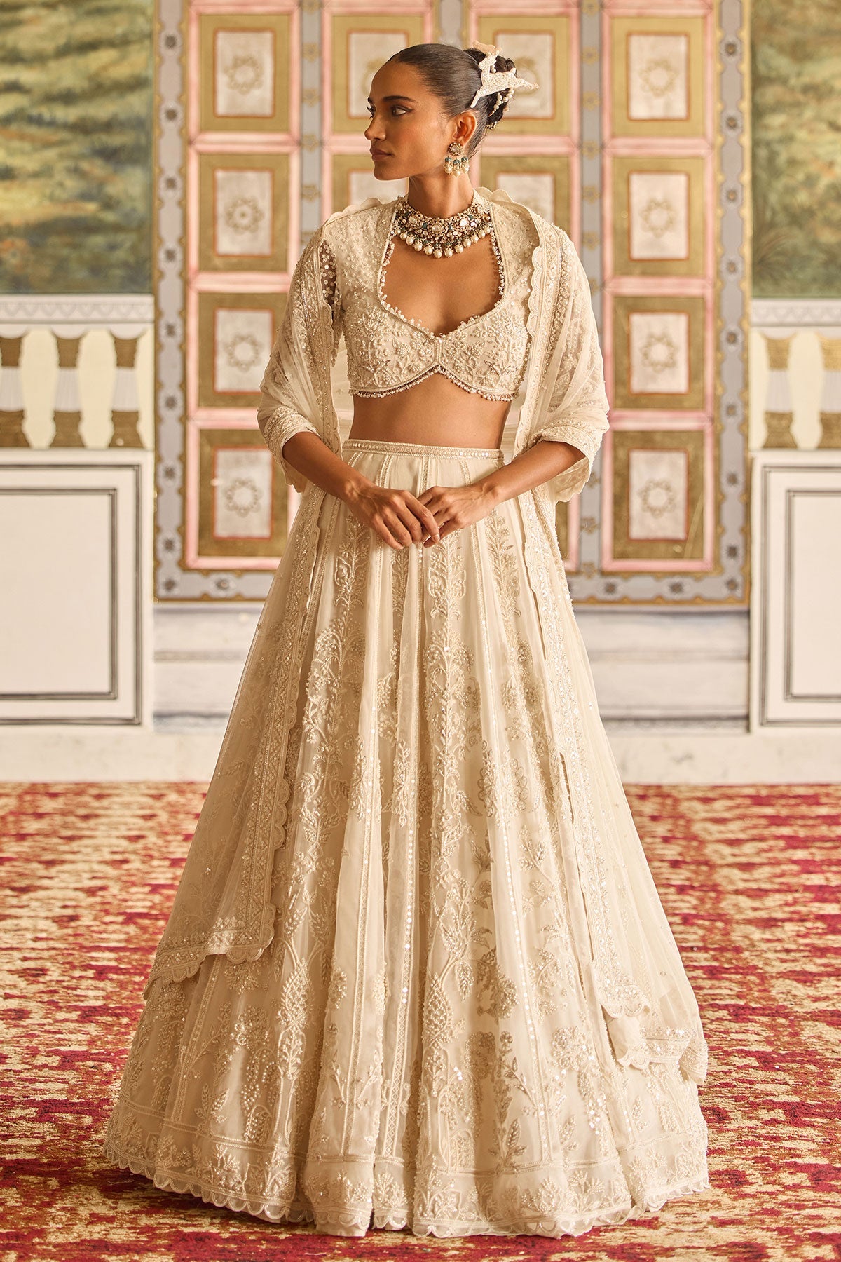 Indian Ivory Embroidered Net & Organza Bridal Lehenga (3-Piece) - Image 1