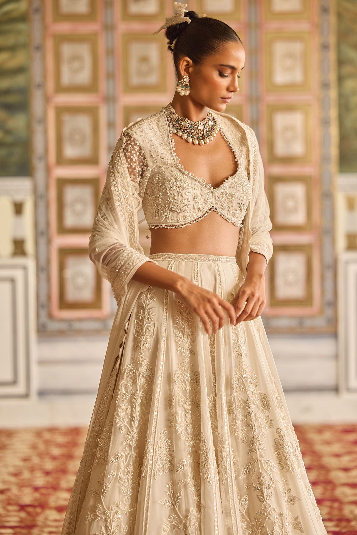 Indian Ivory Embroidered Net & Organza Bridal Lehenga (3-Piece) - Image 2
