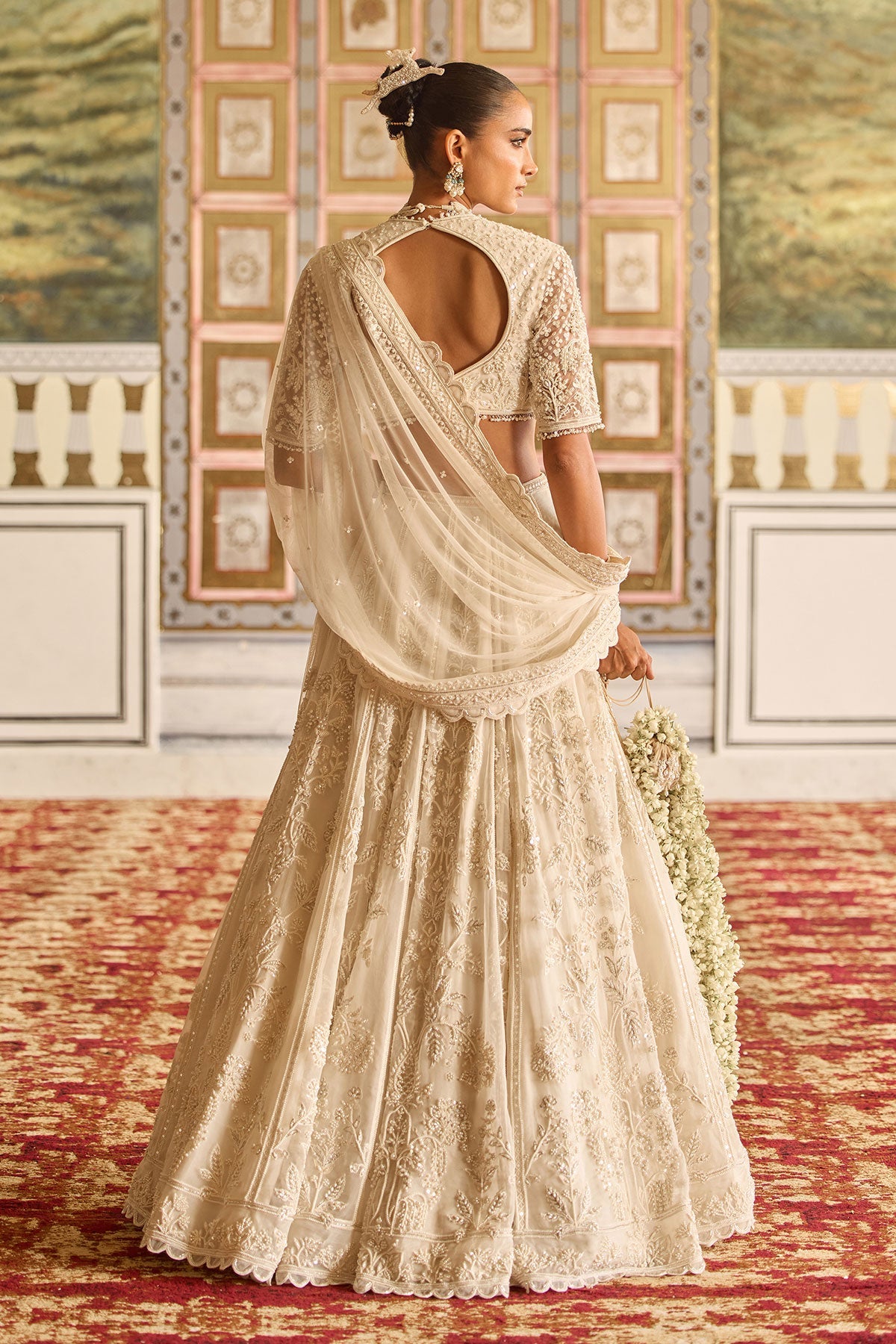 Indian Ivory Embroidered Net & Organza Bridal Lehenga (3-Piece) - Image 4