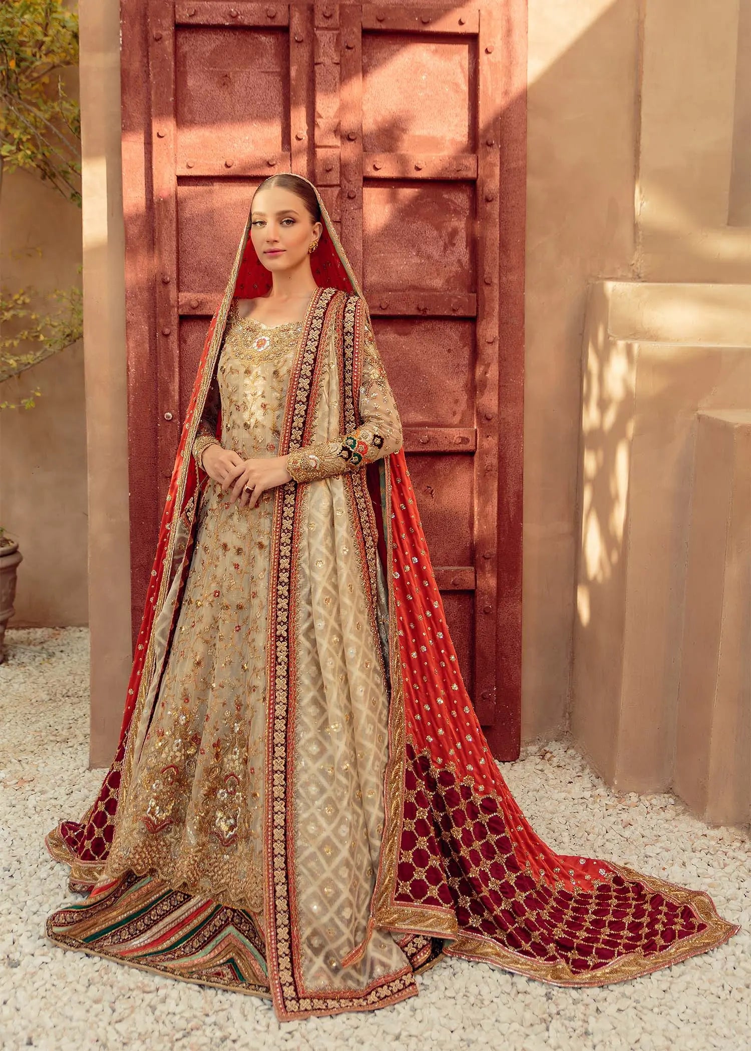 Ivory and Red Embellished Net Bridal Lehenga (3-Piece) - Image 1