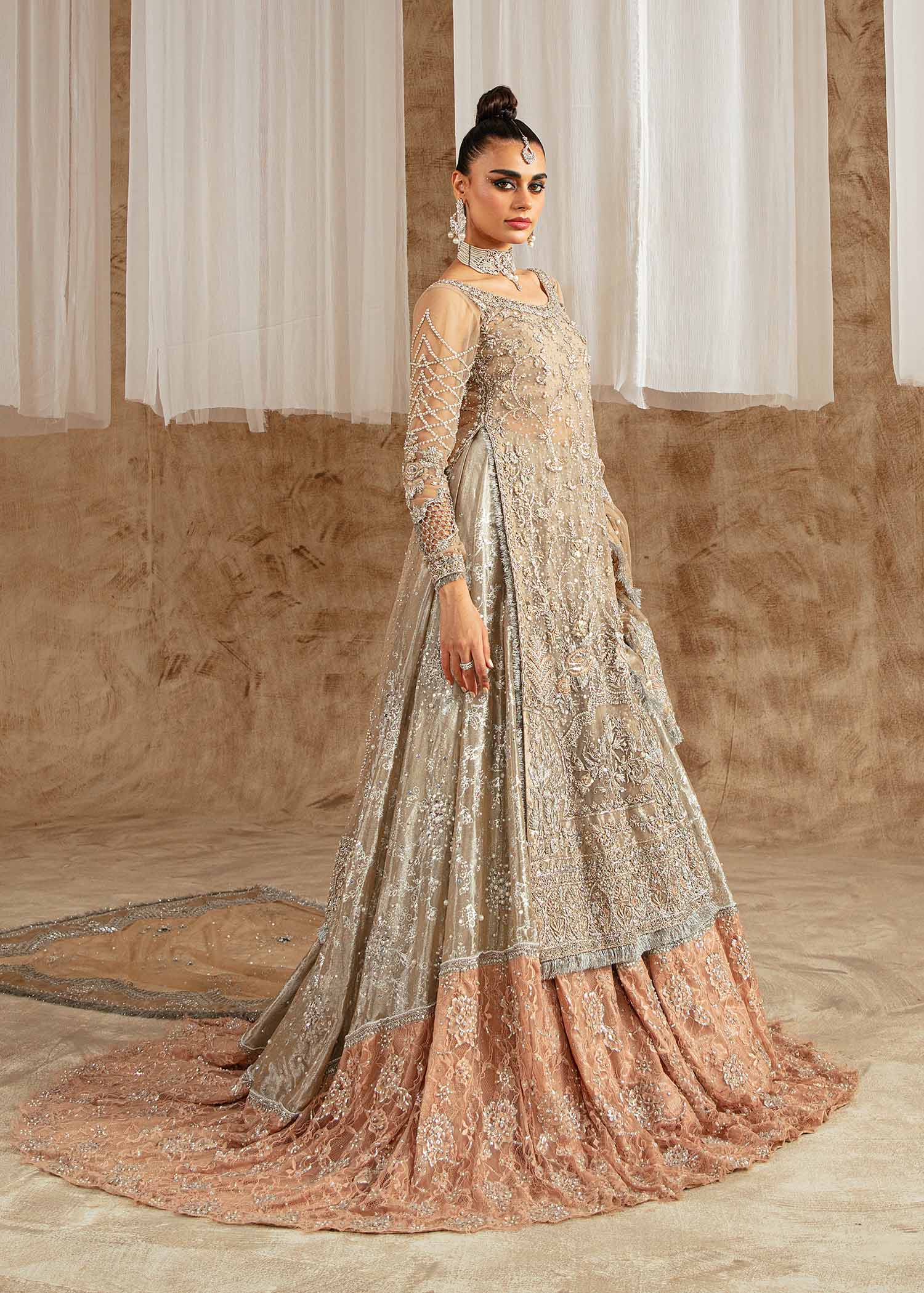 Pakistani Ivory Embellished Tissue Organza Bridal Lehenga (3-Piece) - Image 1