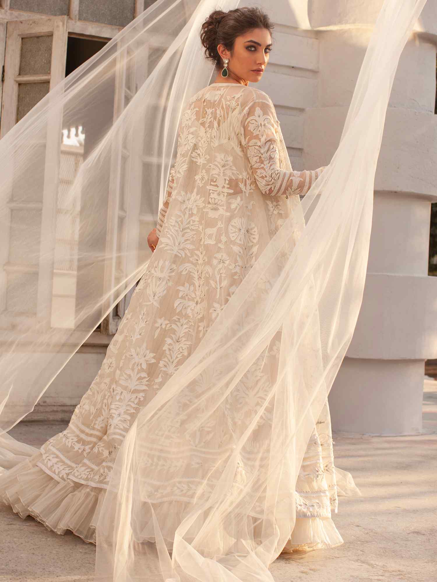 Pakistani Ivory Zardozi Organza & Silk Kalidar Lehenga (3-Piece) - Image 1