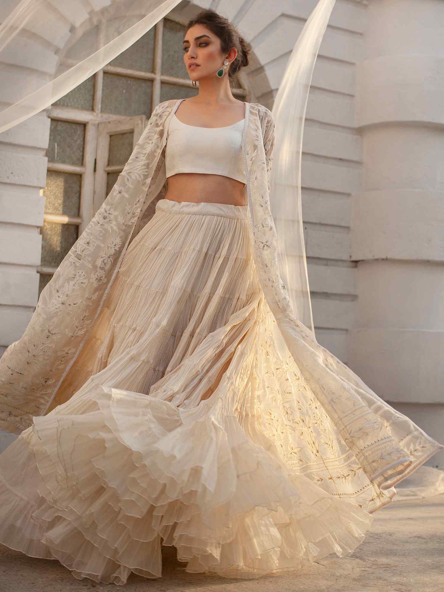 Pakistani Ivory Zardozi Organza & Silk Kalidar Lehenga (3-Piece) - Image 2