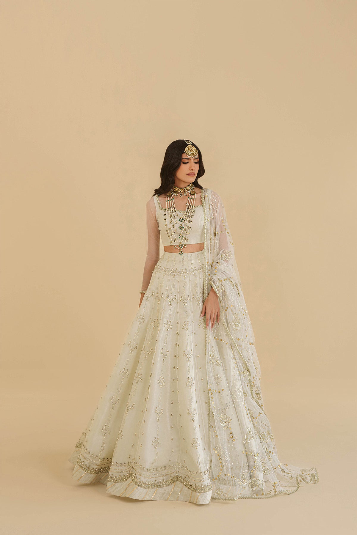 Ivory Zardozi Net & Organza Lehenga Choli (3-Piece) - Image 1