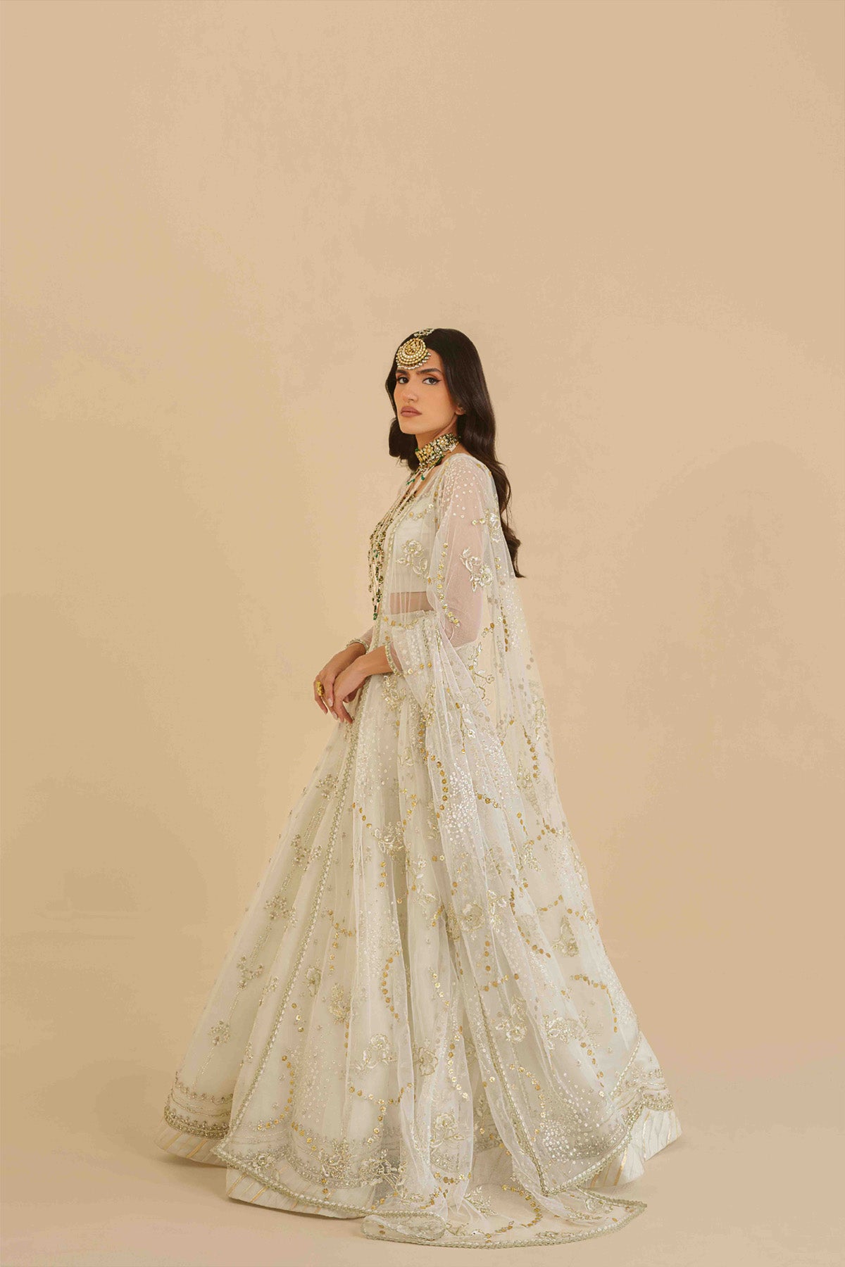 Ivory Zardozi Net & Organza Lehenga Choli (3-Piece) - Image 3