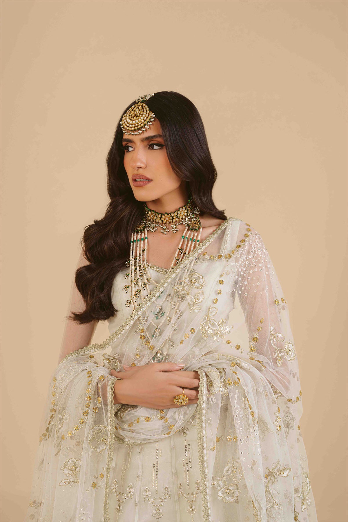 Ivory Zardozi Net & Organza Lehenga Choli (3-Piece) - Image 4