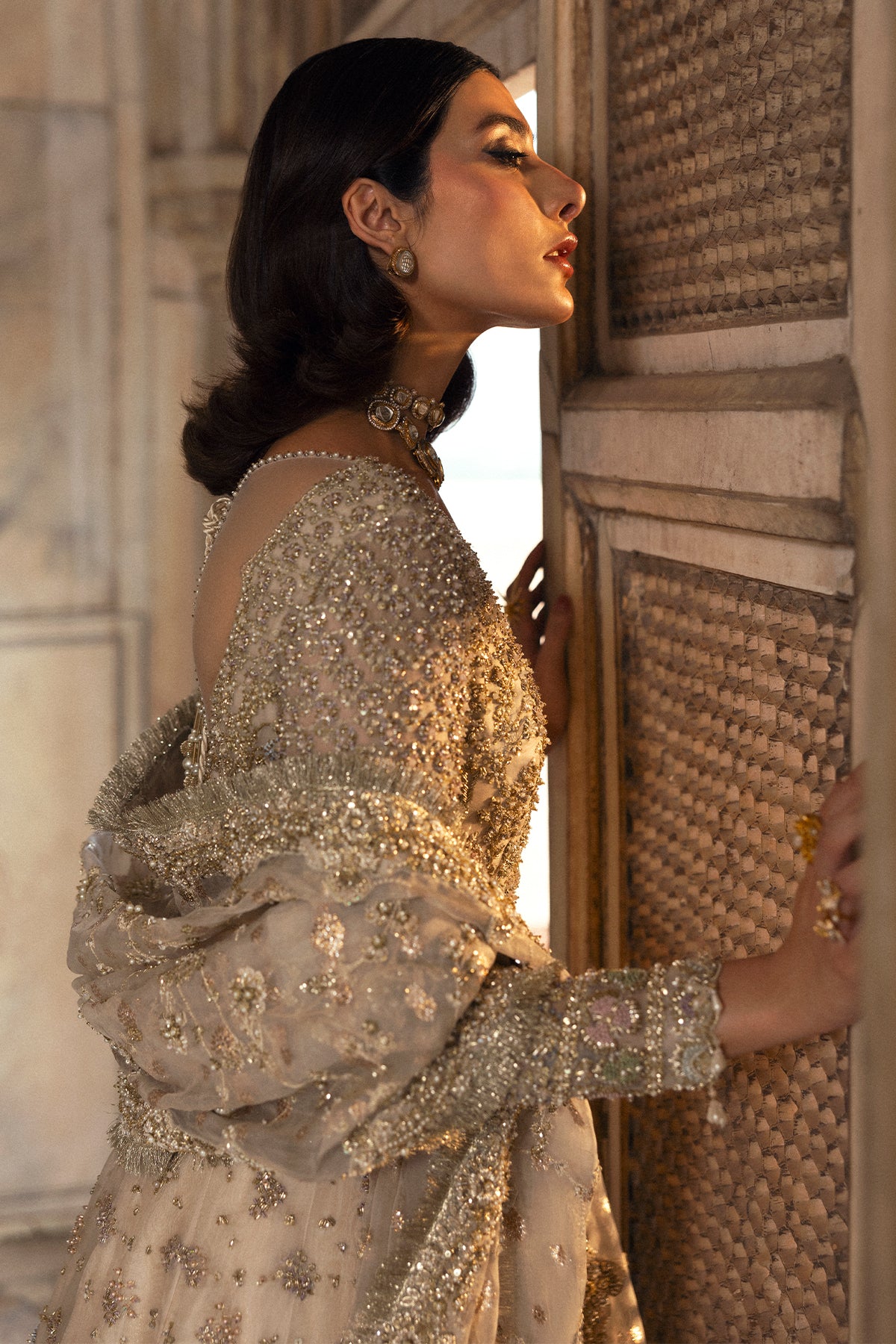 Pakistani Off-White Zardozi Resham Organza Lehenga (3-Piece) - Image 11