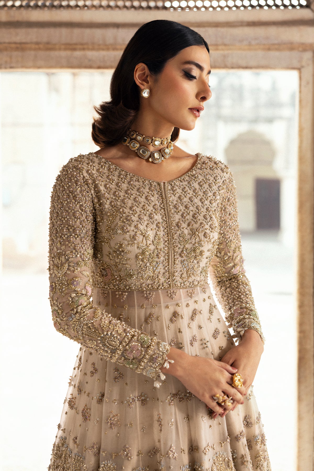 Pakistani Off-White Zardozi Resham Organza Lehenga (3-Piece) - Image 3