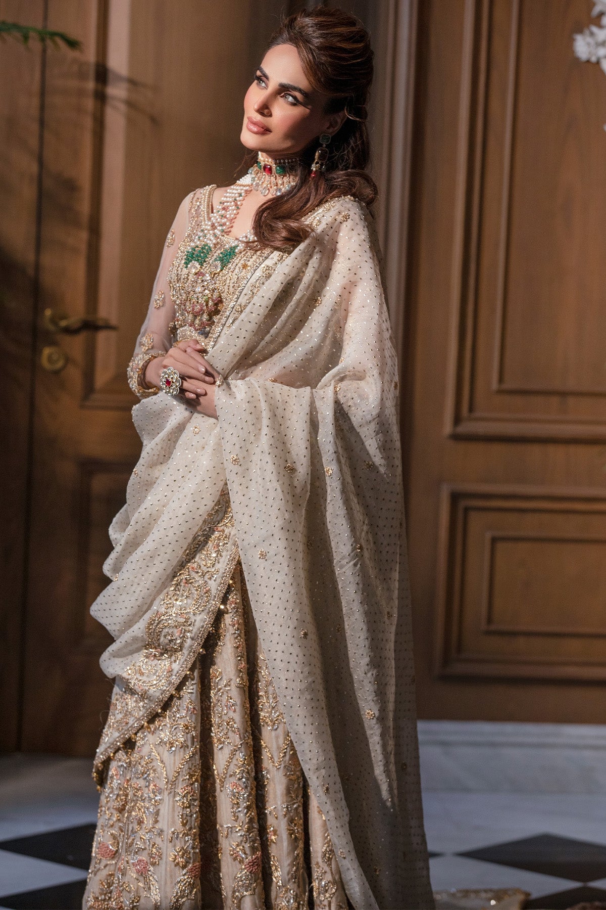 Ivory Zardozi Net & Organza Lehnga Choli (3-Piece) - Image 1