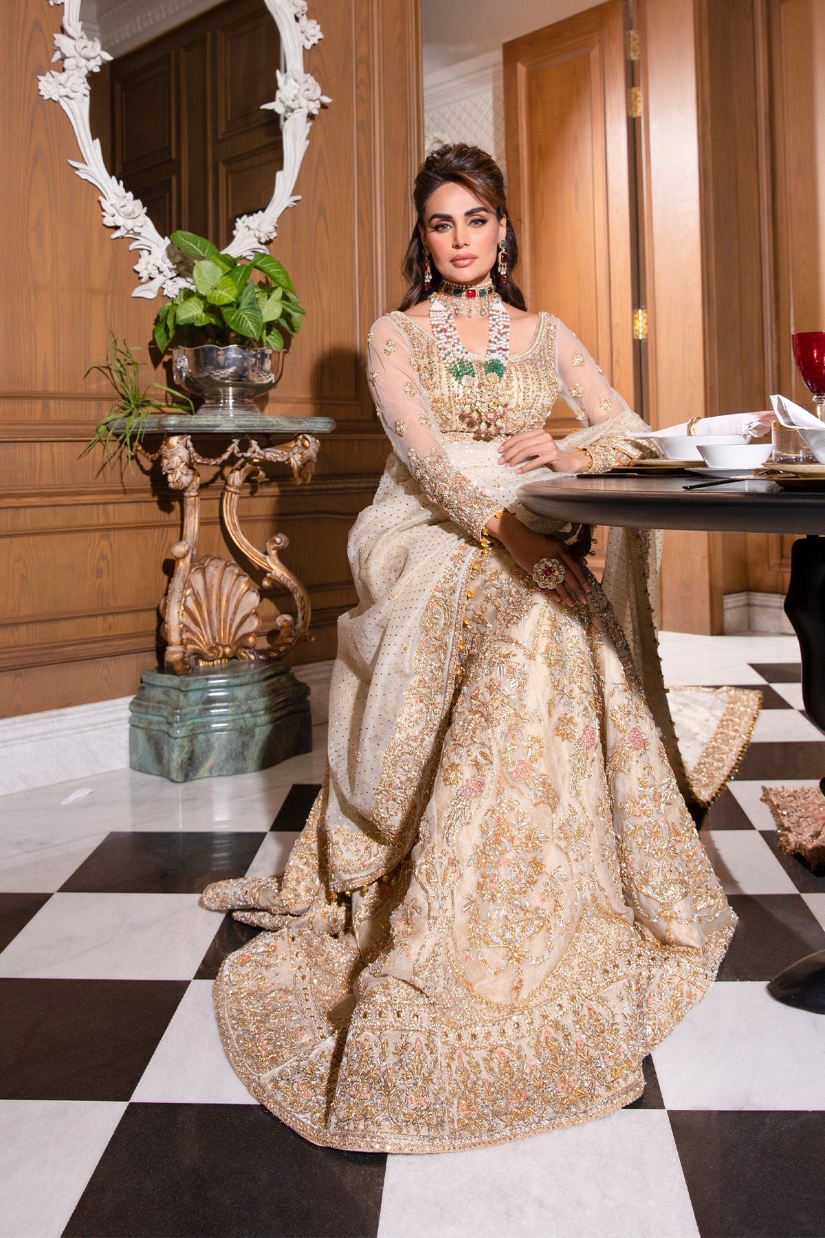 Ivory Zardozi Net & Organza Lehnga Choli (3-Piece) - Image 2