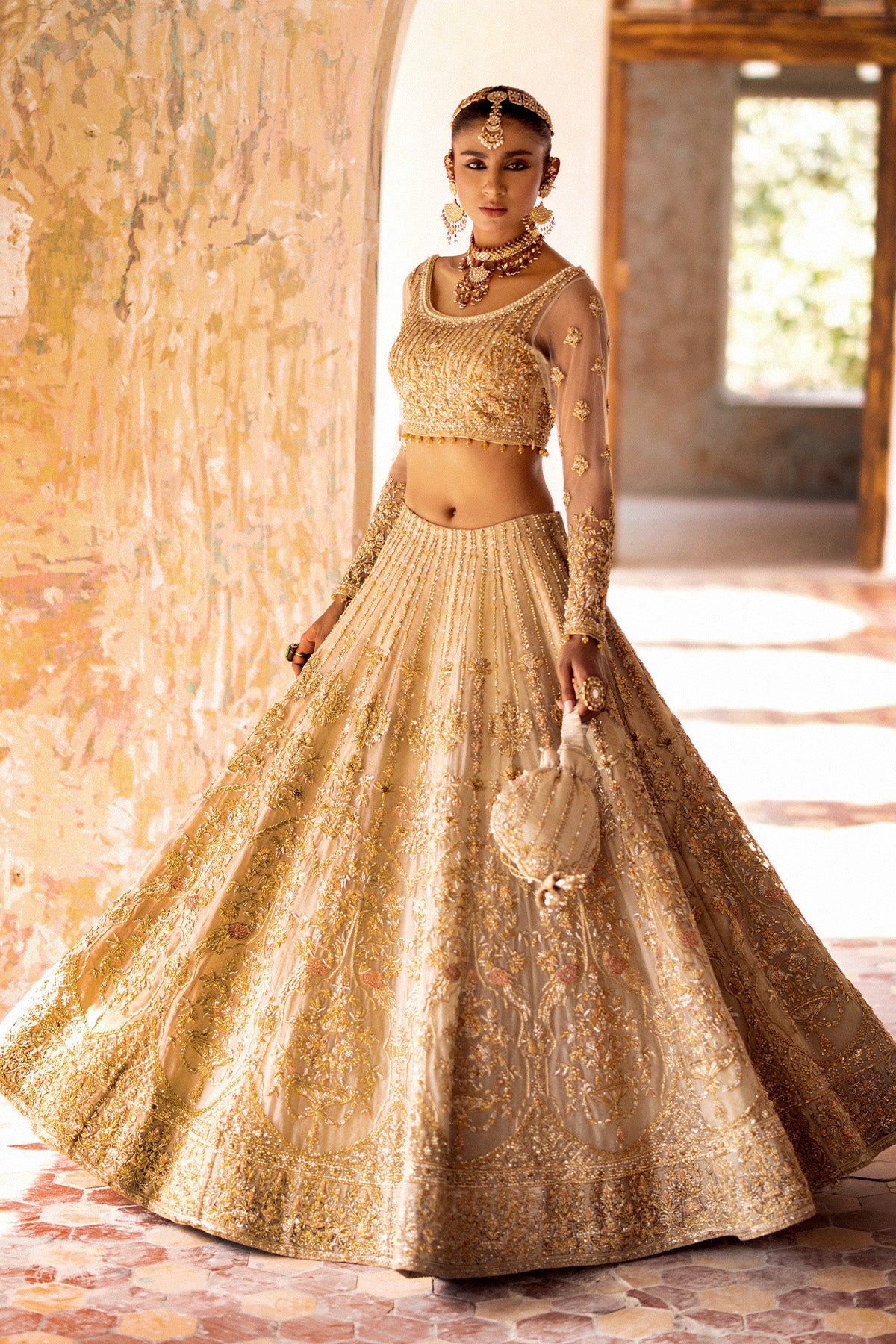 Ivory Zardozi Net & Organza Lehnga Choli (3-Piece) - Image 3
