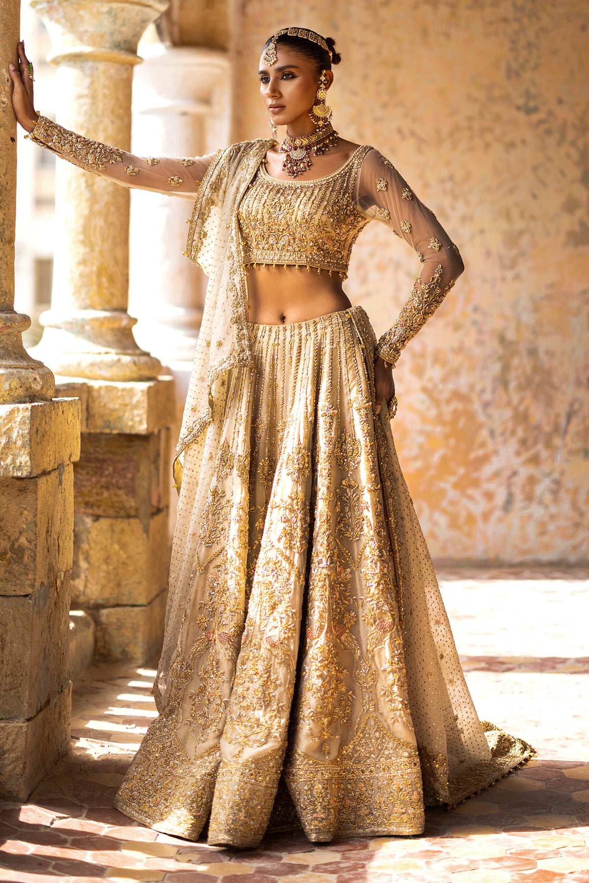 Ivory Zardozi Net & Organza Lehnga Choli (3-Piece) - Image 5