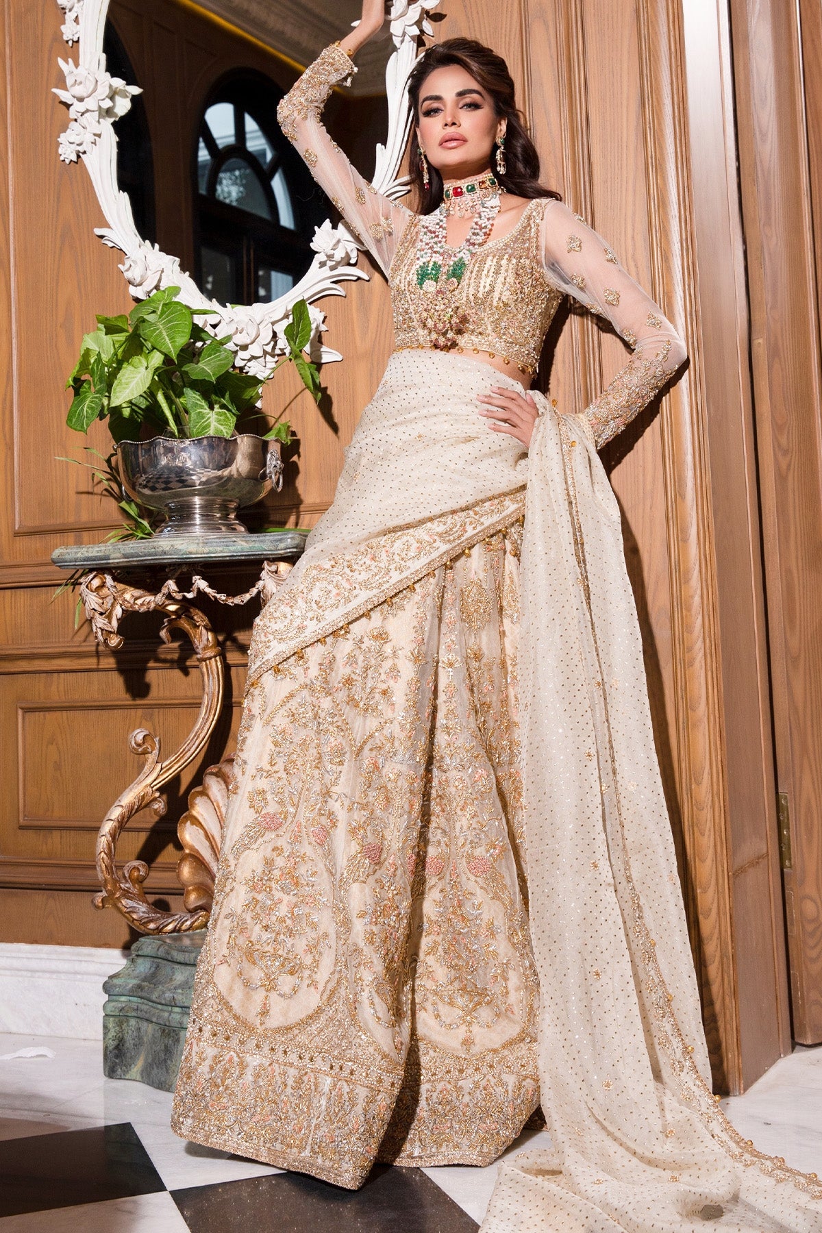 Ivory Zardozi Net & Organza Lehnga Choli (3-Piece) - Image 7