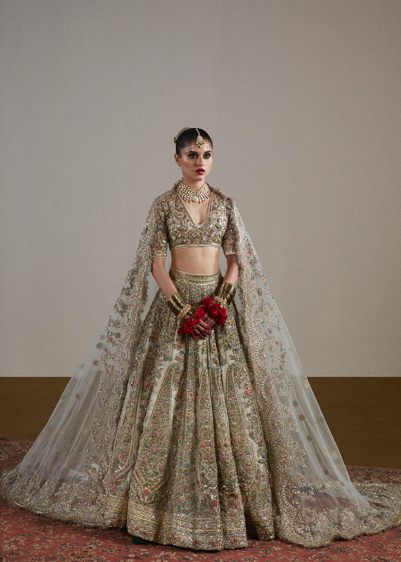 Pakistani Ivory Hand-Embellished Pure Organza Lehenga (3-Piece) - Image 1