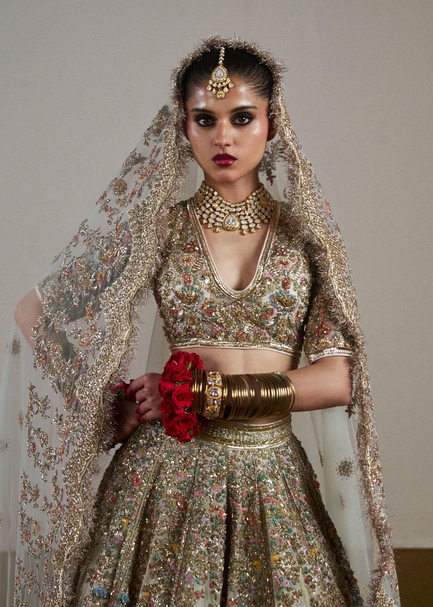 Pakistani Ivory Hand-Embellished Pure Organza Lehenga (3-Piece) - Image 3