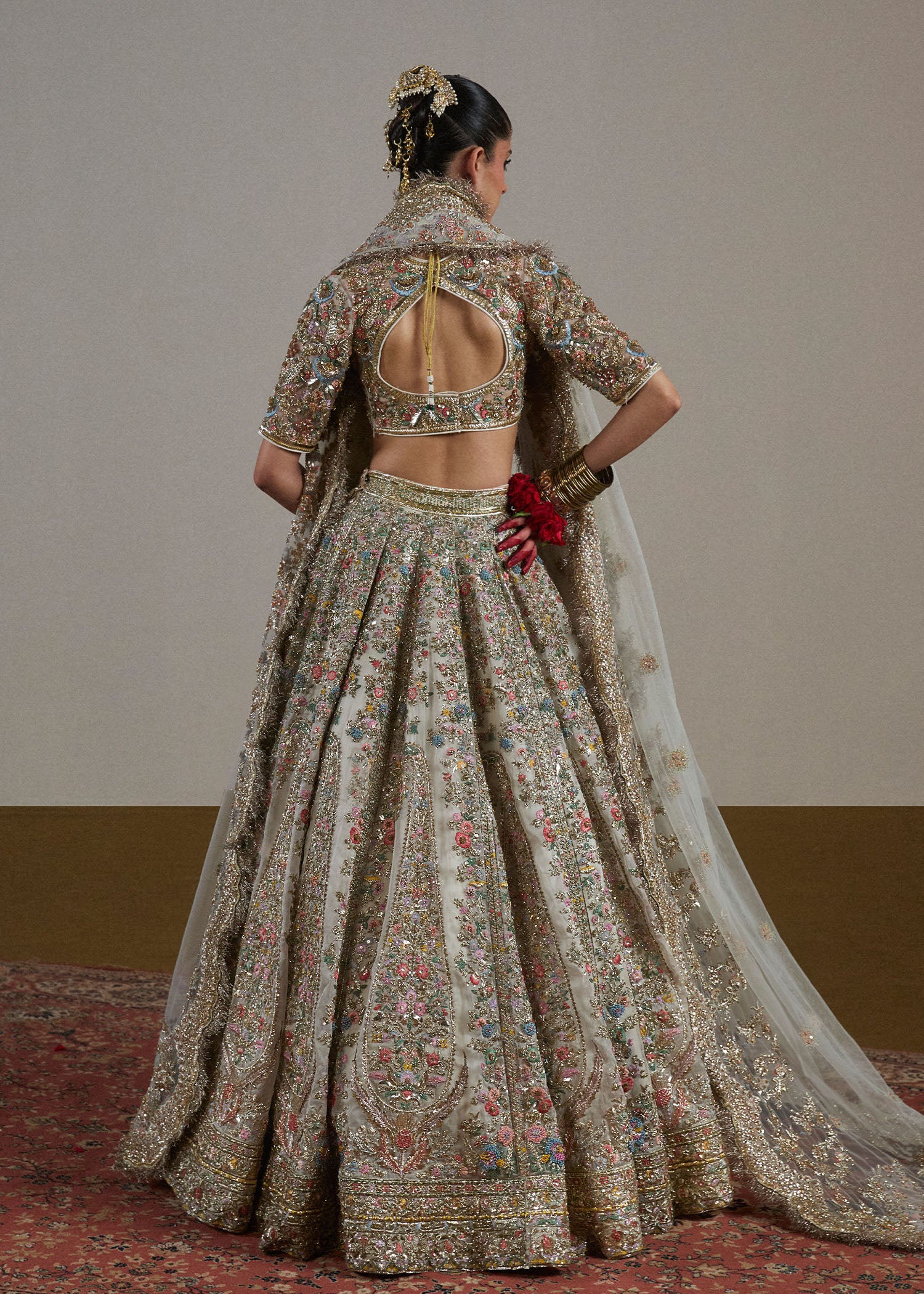 Pakistani Ivory Hand-Embellished Pure Organza Lehenga (3-Piece) - Image 6