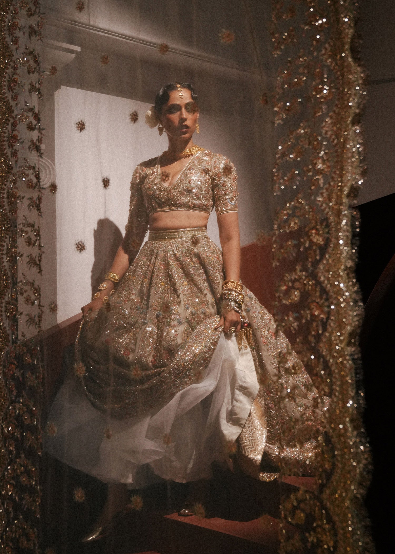 Pakistani Ivory Hand-Embellished Pure Organza Lehenga (3-Piece) - Image 8