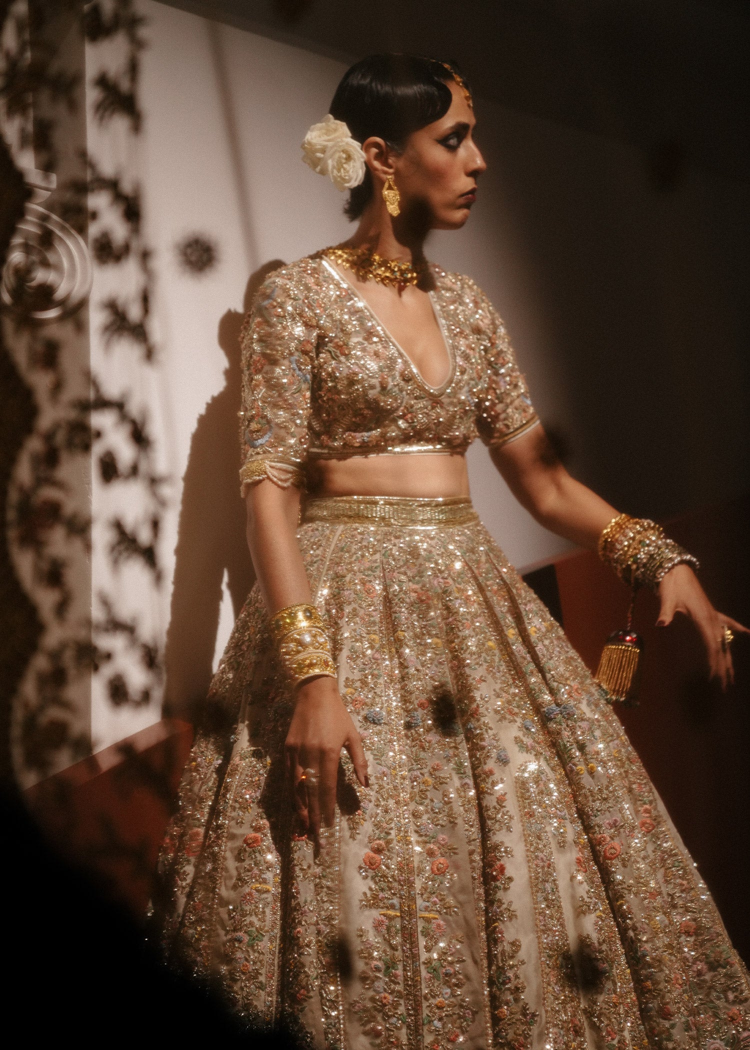 Pakistani Ivory Hand-Embellished Pure Organza Lehenga (3-Piece) - Image 9
