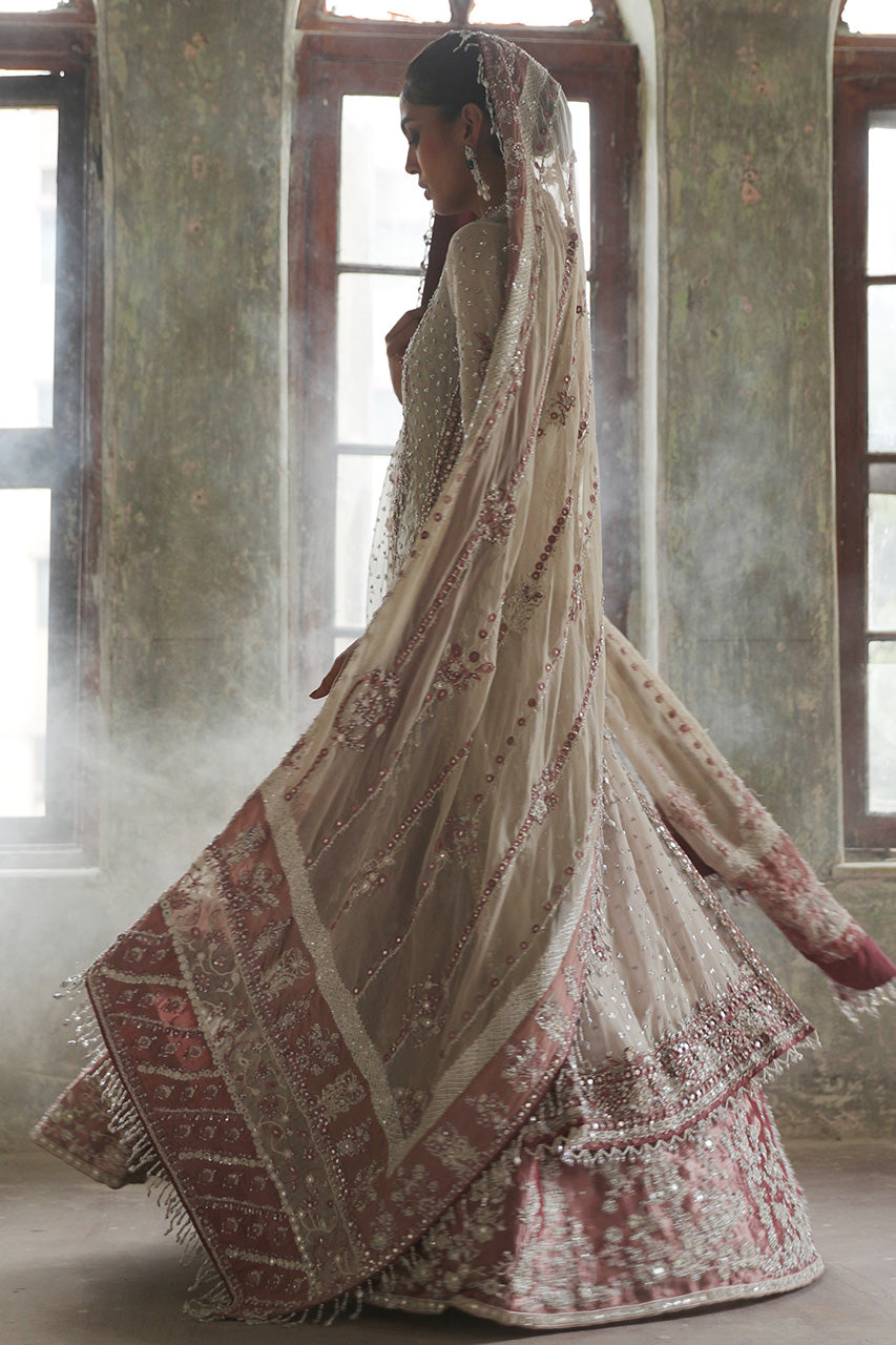 Ivory Petal Pink Zardozi Organza Bridal Choga (3-Piece) - Image 4