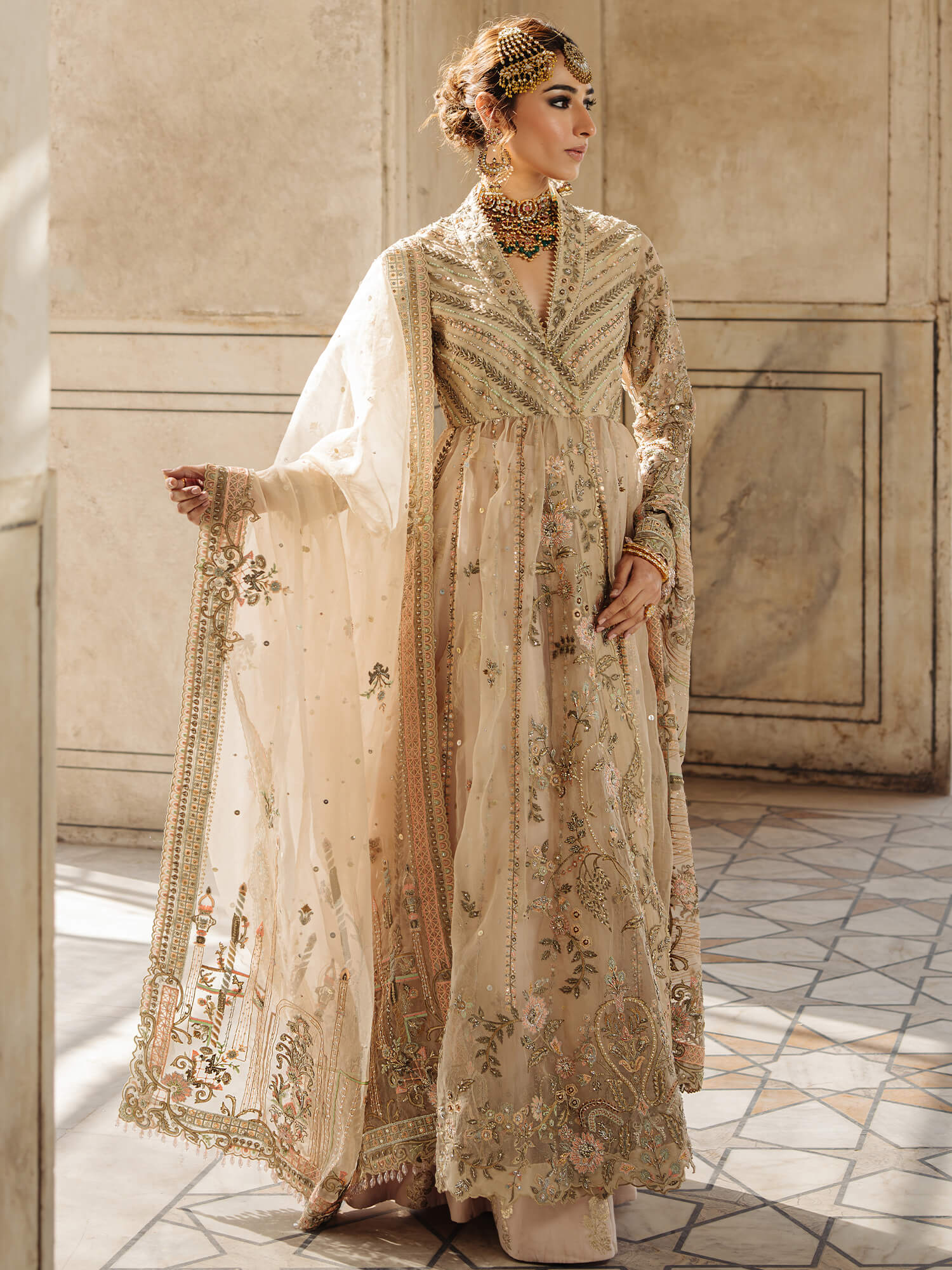 Vanilla Zardozi Organza Angarkha Lehenga (3-Piece) - Image 1