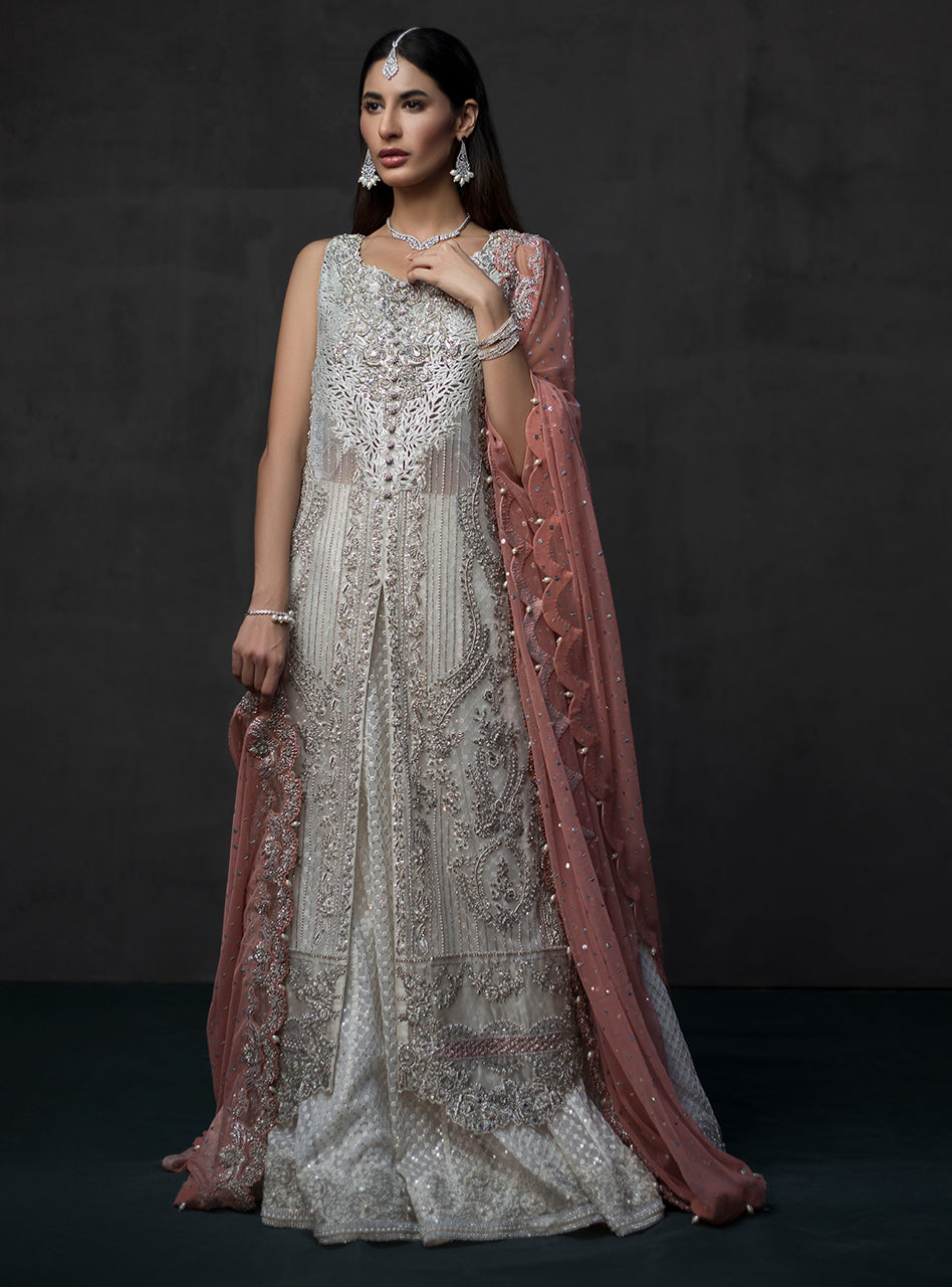 Pakistani Ivory Silver Embellished Organza Lehenga (3-Piece) - Image 1