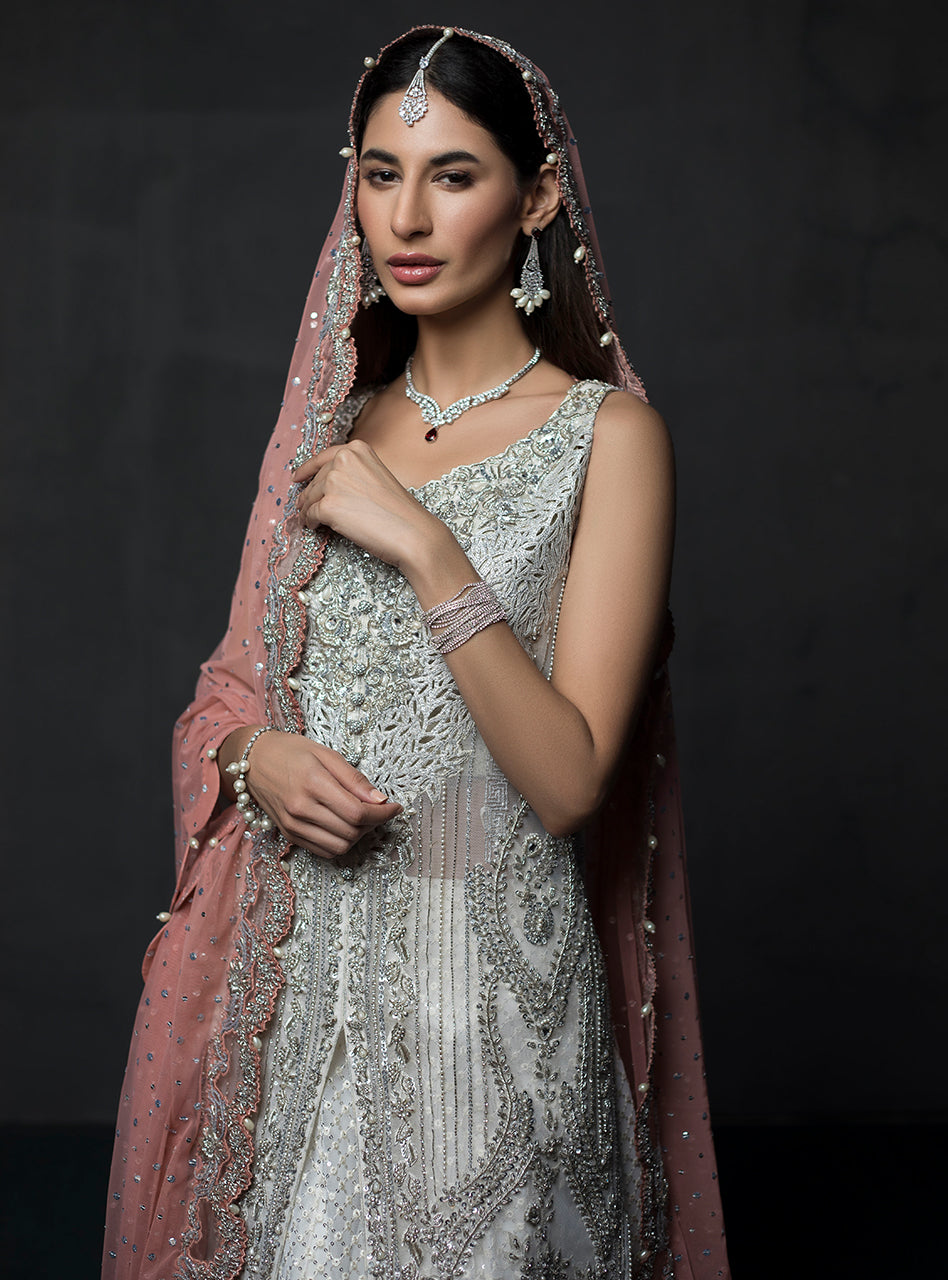 Pakistani Ivory Silver Embellished Organza Lehenga (3-Piece) - Image 5