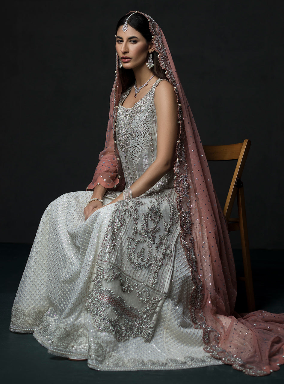 Pakistani Ivory Silver Embellished Organza Lehenga (3-Piece) - Image 6