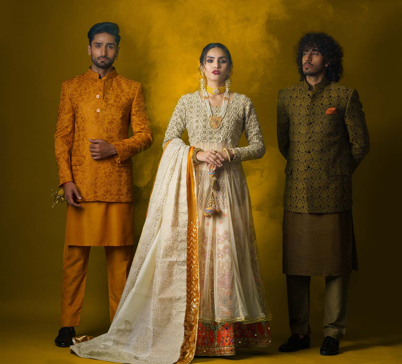 Pakistani Ivory Gold Embroidered Net Organza Bridal Lehenga (3-Piece) - Image 1