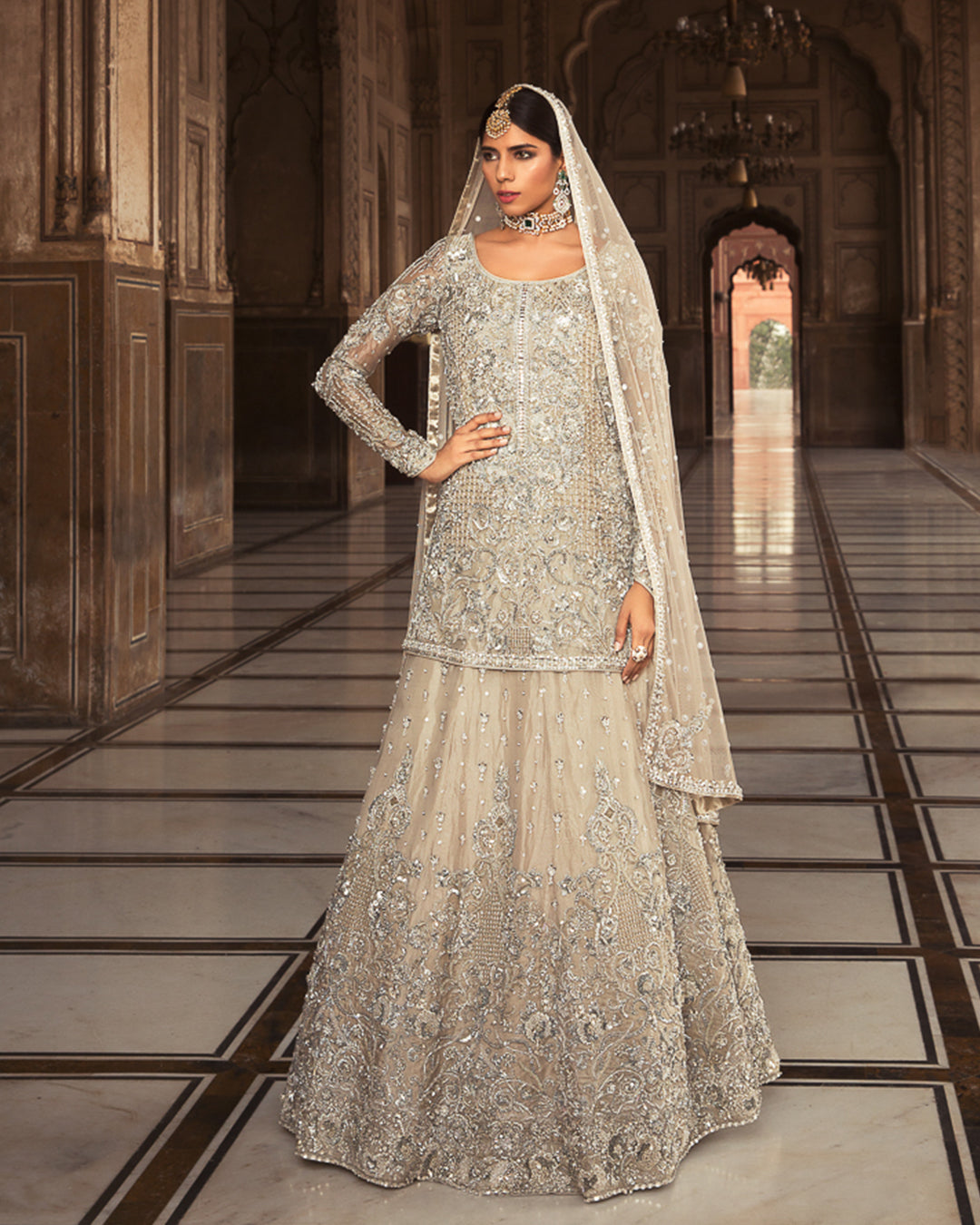 Pakistani Ivory Hand-Embroidered Organza & Tissue Lehenga (3-Piece) - Image 1