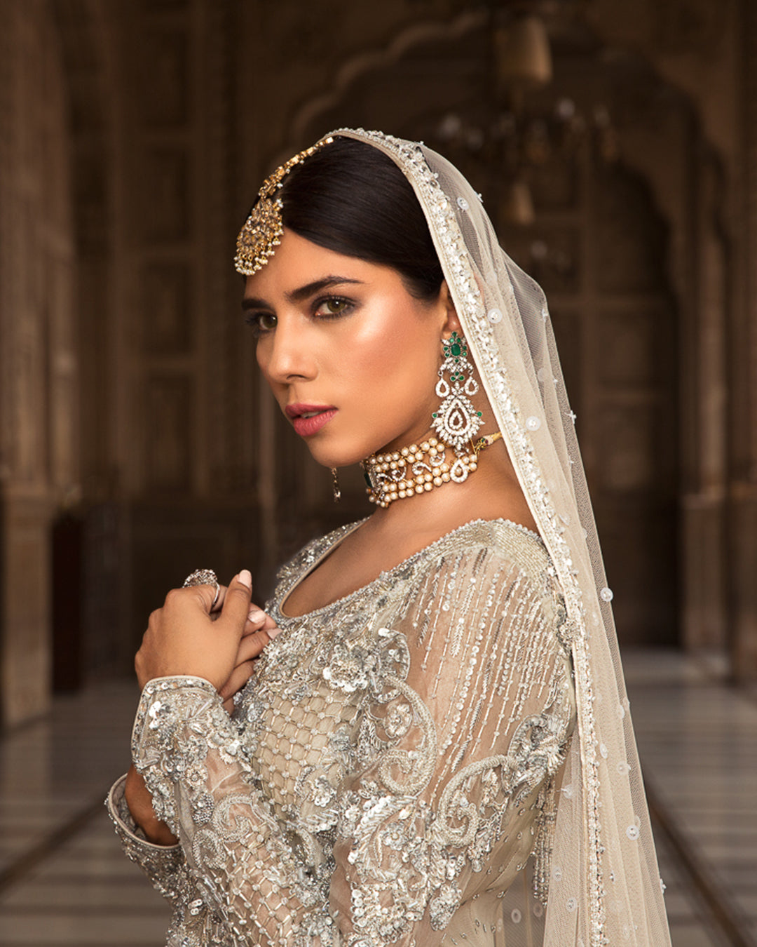 Pakistani Ivory Hand-Embroidered Organza & Tissue Lehenga (3-Piece) - Image 2