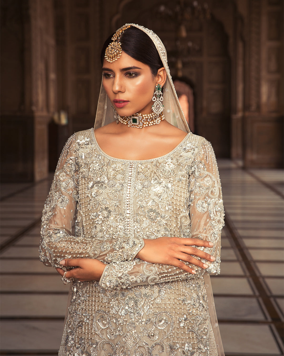 Pakistani Ivory Hand-Embroidered Organza & Tissue Lehenga (3-Piece) - Image 3