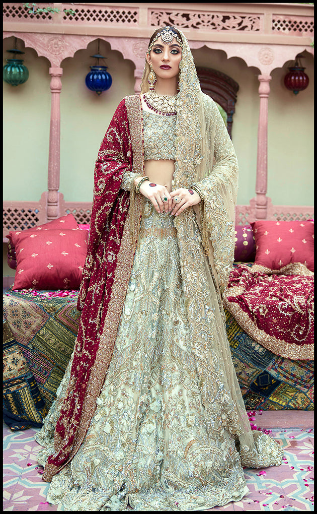 Ivory Crystal Resham Pure Net Bridal Lehenga (3-Piece) - Image 2
