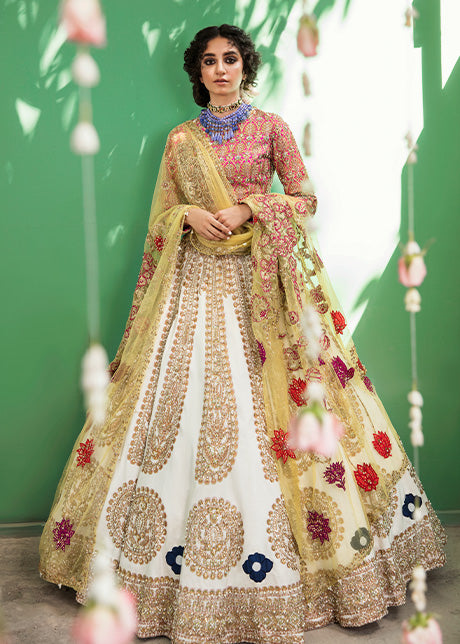 Pakistani Ivory Embellished Raw Silk Lehnga Set (3-Piece) - Image 1
