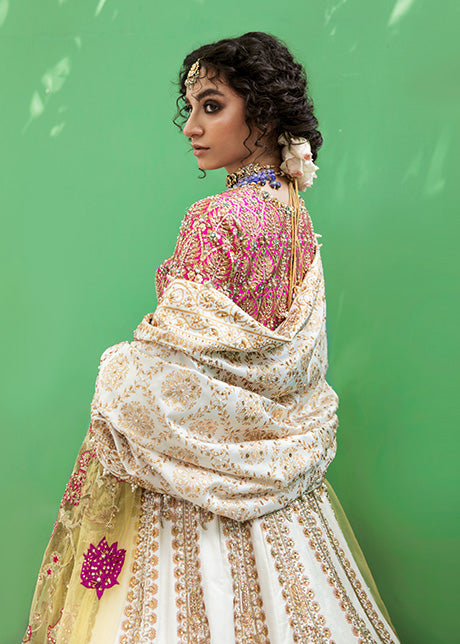 Pakistani Ivory Embellished Raw Silk Lehnga Set (3-Piece) - Image 4