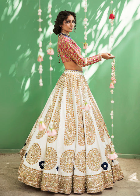 Pakistani Ivory Embellished Raw Silk Lehenga (3-Piece) - Image 2